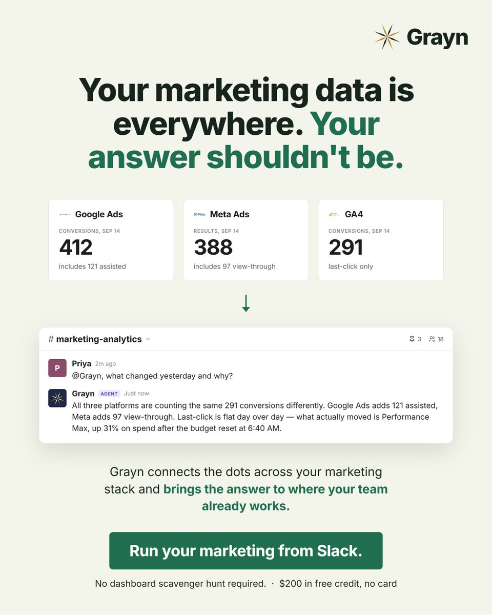 grayn_ai's tweet photo. Stop opening 6 tabs to answer 1 question.
Connect Grayn with Slack and your marketing stack.

Ask the question.
Get the answer.
All in one place.

Marketing analysis can be that simple.

#MarketingAnalytics #MarketingAI #Grayn https://t.co/yZwtagABSg