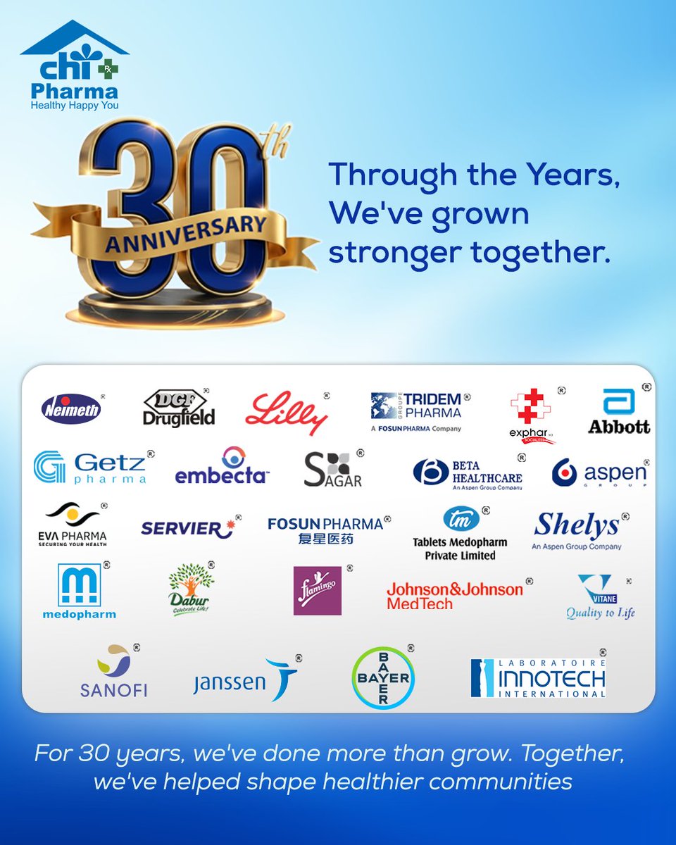chipharma's tweet photo. 30 years of trust. 30 years of partnership.

Together with our partners, we've spent three decades expanding healthcare access, growing brands, and creating impact across Nigeria.

30 years. Countless partnerships. One shared commitment to better healthcare.

#CHIPharma https://t.co/BN1k2CRnIP