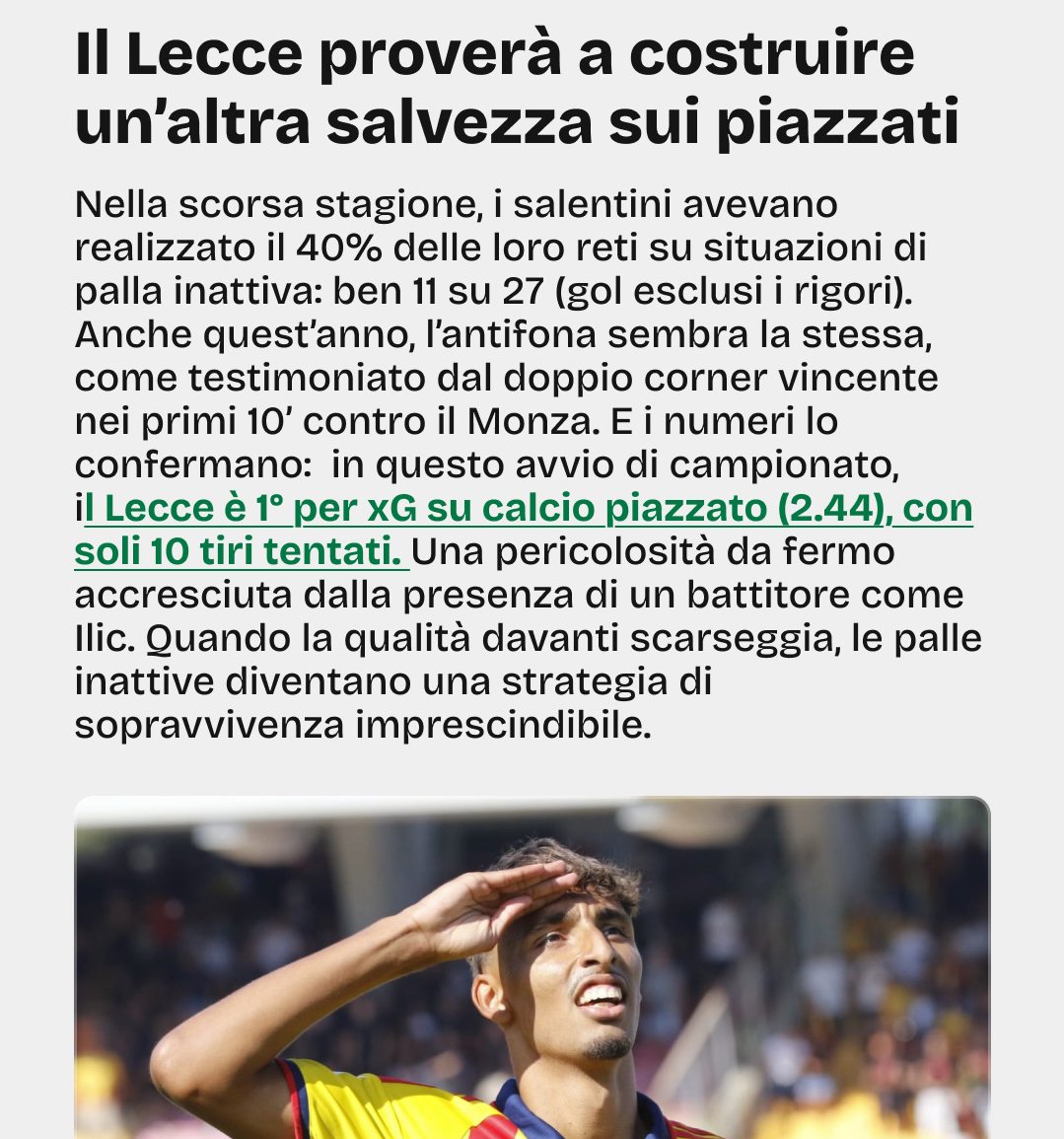 LecceStats's tweet photo. L'@OfficialUSLecce è primo - in serie A - per xG su calci piazzati, con un valore di 2,44. Le palle inattive, per i giallorossi, diventano "una strategia di sopravvivenza imprescindibile". 

📸: @Kickest_it

#LecceAnalytics #LecceStats https://t.co/QibkppAtbO