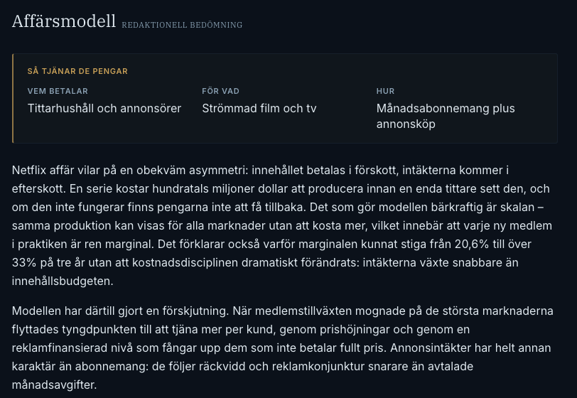 BolagsAtlas's tweet photo. Hur tjänar Netflix egentligen pengar och vad är det som driver bolaget framåt? I BolagsAtlas får du snabbt en strukturerad bild av affärsmodell, marknad, konkurrenter, historik, ledning, risker och den senaste utvecklingen, samlat på ett ställe. https://t.co/ssoD4CLFoH
$NFLX https://t.co/XPzE5RtBWF