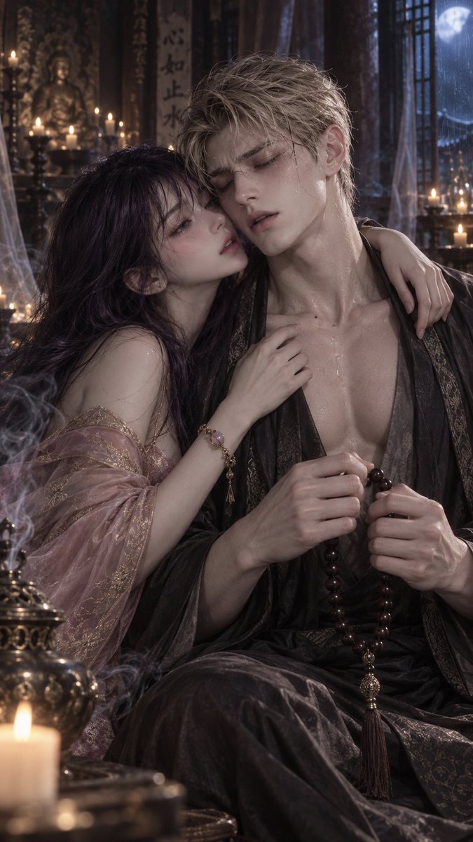 YueyueforLuis's tweet photo. 清心寡欲🏺

prompt:

A painting of a couple in their twenties.

The male is depicted in the style of an Eastern temple monk/spirit, with deep blue eyes, pale skin, thick eyebrows, a high nose bridge, and refined, sculpted European features. He has a small mole under his eye, and his glasses are removed.

The scene is set in the inner hall of an ancient temple late at night. The dimly lit wooden shrine features old wooden pillars, semi-transparent curtains, low candlesticks, incense burners, and a thin mist of sandalwood smoke. Outside the window, a light rain falls and the cold blue moonlight shines, while the interior is illuminated only by a few warm yellow candlelight, creating a dramatic color temperature contrast between the cold blue moonlight and the warm golden candlelight.

The man kneels on a prayer mat, his body slightly turned towards the camera. His posture is quiet and relaxed, his shoulders naturally slumped, his hands holding prayer beads. His eyes are closed, his brow is furrowed, his face is flushed, and there is a noticeable bead of sweat on his face. His back is long and straight.

He casually wears a loose, dark black and ink-gray monk's robe. The fabric is thin, and the hem is slightly draped. The camera cuts to above his knees.

He was tall and slender, noticeably larger than the woman, with broad shoulders and a narrow waist. His adult male muscles were naturally defined, not exaggeratedly muscular. His chest, collarbone, and arm muscles cast soft shadows in the candlelight, and a fine sheen of sweat glistened on his forehead and neck.

The adult woman wore a pink, sheer, gold-trimmed kimono, her curves elegant and pronounced. A family heirloom-like bracelet adorned her wrist. She embraced him from the side, her movements and expression revealing a clear fascination and shyness.

The composition was a close-up, half-body shot from a slightly low angle, using an 85mm portrait lens with shallow depth of field. The focus was on his lips, fingers, and prayer beads. The candlelight in the background created a soft bokeh effect, and the smoke from the incense formed delicate wisps of smoke in the sidelight.

9:16.

The proportions were realistically rendered, with no superfluous limbs or fused legs.