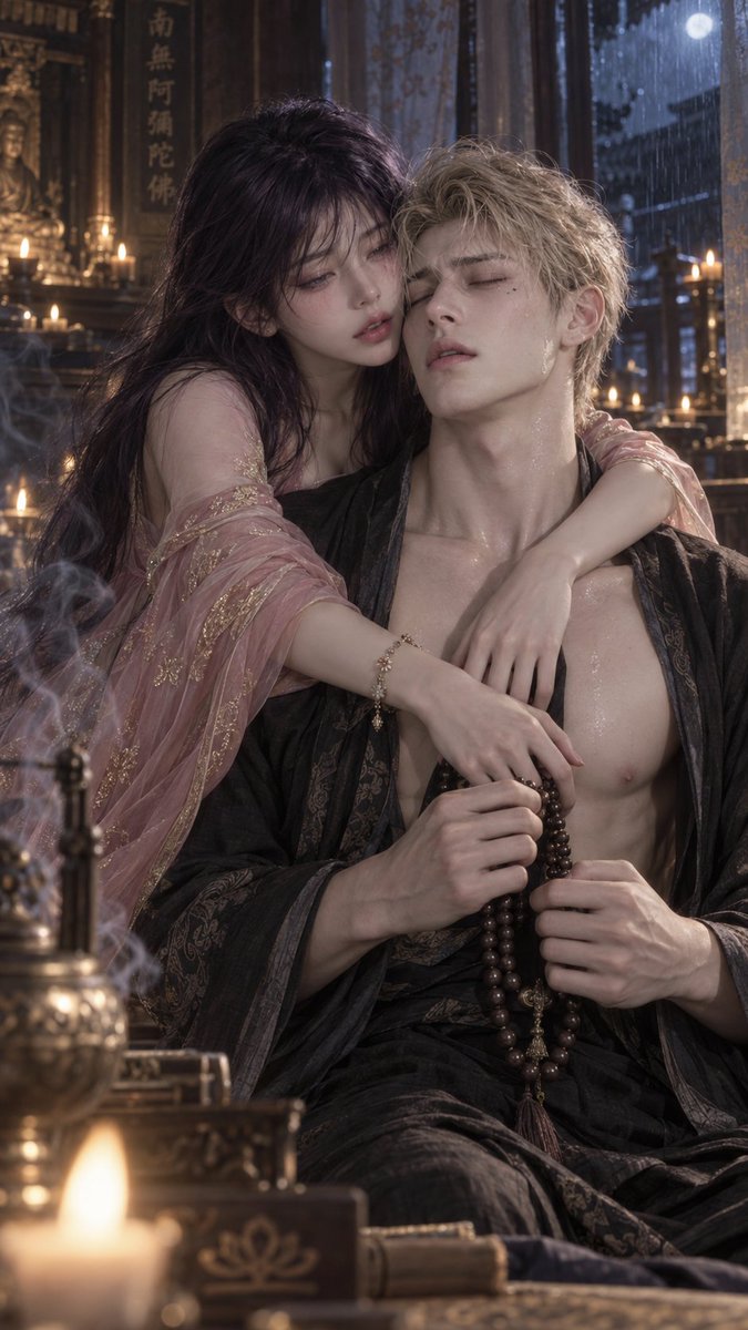 YueyueforLuis's tweet photo. 清心寡欲🏺

prompt:

A painting of a couple in their twenties.

The male is depicted in the style of an Eastern temple monk/spirit, with deep blue eyes, pale skin, thick eyebrows, a high nose bridge, and refined, sculpted European features. He has a small mole under his eye, and his glasses are removed.

The scene is set in the inner hall of an ancient temple late at night. The dimly lit wooden shrine features old wooden pillars, semi-transparent curtains, low candlesticks, incense burners, and a thin mist of sandalwood smoke. Outside the window, a light rain falls and the cold blue moonlight shines, while the interior is illuminated only by a few warm yellow candlelight, creating a dramatic color temperature contrast between the cold blue moonlight and the warm golden candlelight.

The man kneels on a prayer mat, his body slightly turned towards the camera. His posture is quiet and relaxed, his shoulders naturally slumped, his hands holding prayer beads. His eyes are closed, his brow is furrowed, his face is flushed, and there is a noticeable bead of sweat on his face. His back is long and straight.

He casually wears a loose, dark black and ink-gray monk's robe. The fabric is thin, and the hem is slightly draped. The camera cuts to above his knees.

He was tall and slender, noticeably larger than the woman, with broad shoulders and a narrow waist. His adult male muscles were naturally defined, not exaggeratedly muscular. His chest, collarbone, and arm muscles cast soft shadows in the candlelight, and a fine sheen of sweat glistened on his forehead and neck.

The adult woman wore a pink, sheer, gold-trimmed kimono, her curves elegant and pronounced. A family heirloom-like bracelet adorned her wrist. She embraced him from the side, her movements and expression revealing a clear fascination and shyness.

The composition was a close-up, half-body shot from a slightly low angle, using an 85mm portrait lens with shallow depth of field. The focus was on his lips, fingers, and prayer beads. The candlelight in the background created a soft bokeh effect, and the smoke from the incense formed delicate wisps of smoke in the sidelight.

9:16.

The proportions were realistically rendered, with no superfluous limbs or fused legs.