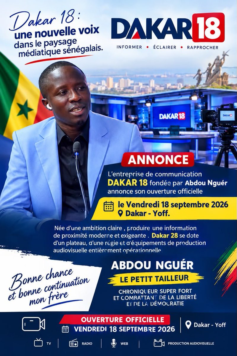 MadiambalD's tweet photo. Abdou Nguer lance sa nouvelle chaîne de télé YouTube "DAKAR 18", ce vendredi 18 septembre 2026. Félicitations et bon vent! https://t.co/COYIAEaqCc