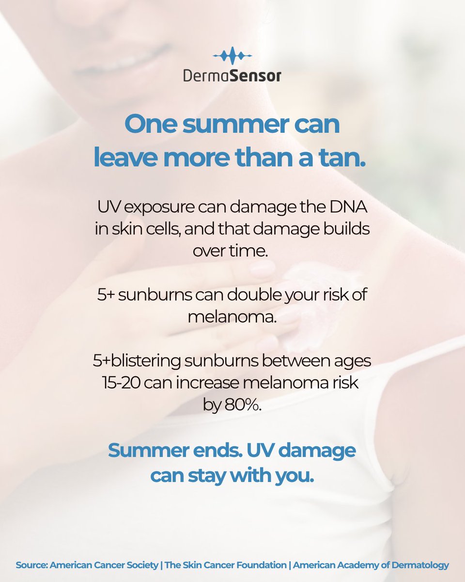 DermaSensor's tweet photo. Summer's ending, but UV damage doesn't. Repeated sunburns raise skin cancer risk, including melanoma. Watch for spots that are new, changing, or concerning. DermaSensor gives clinicians an AI-powered, non-invasive tool for real-time skin cancer risk assessment. Link in bio. https://t.co/82NHenU1RW