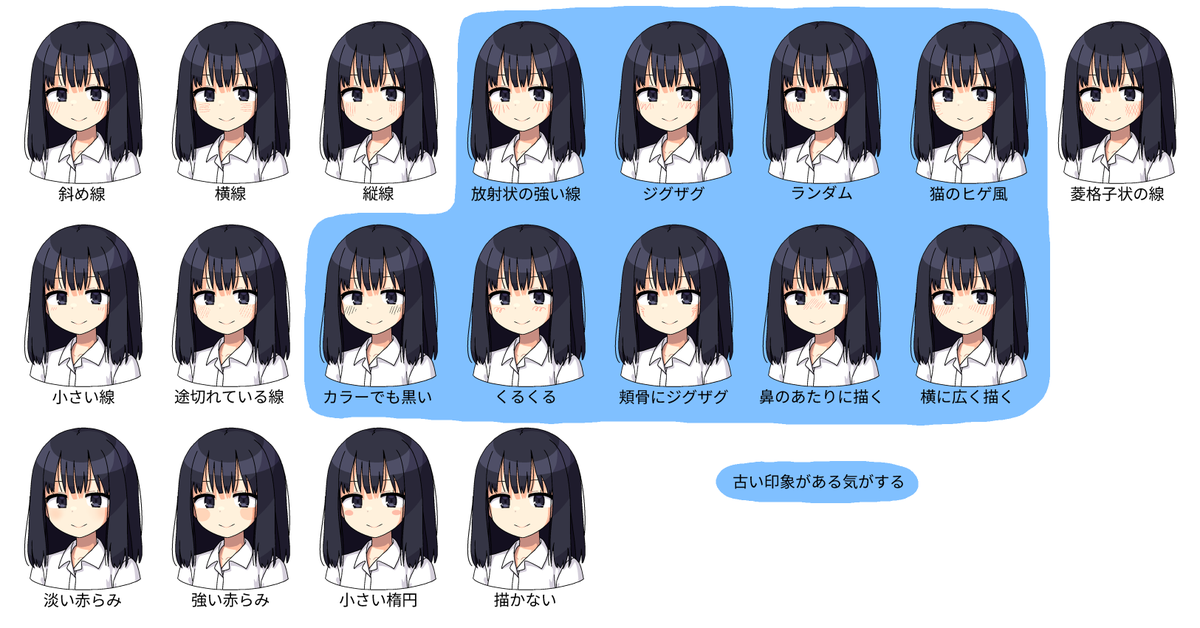 maruput's tweet photo. ほっぺの斜線（照れ線、コテ線）は古いのか議論を見て自分でも色々描いてみたやつと、個人的に古い印象を感じるものと、普段自分が描くパターン https://t.co/0AGVARNhsx