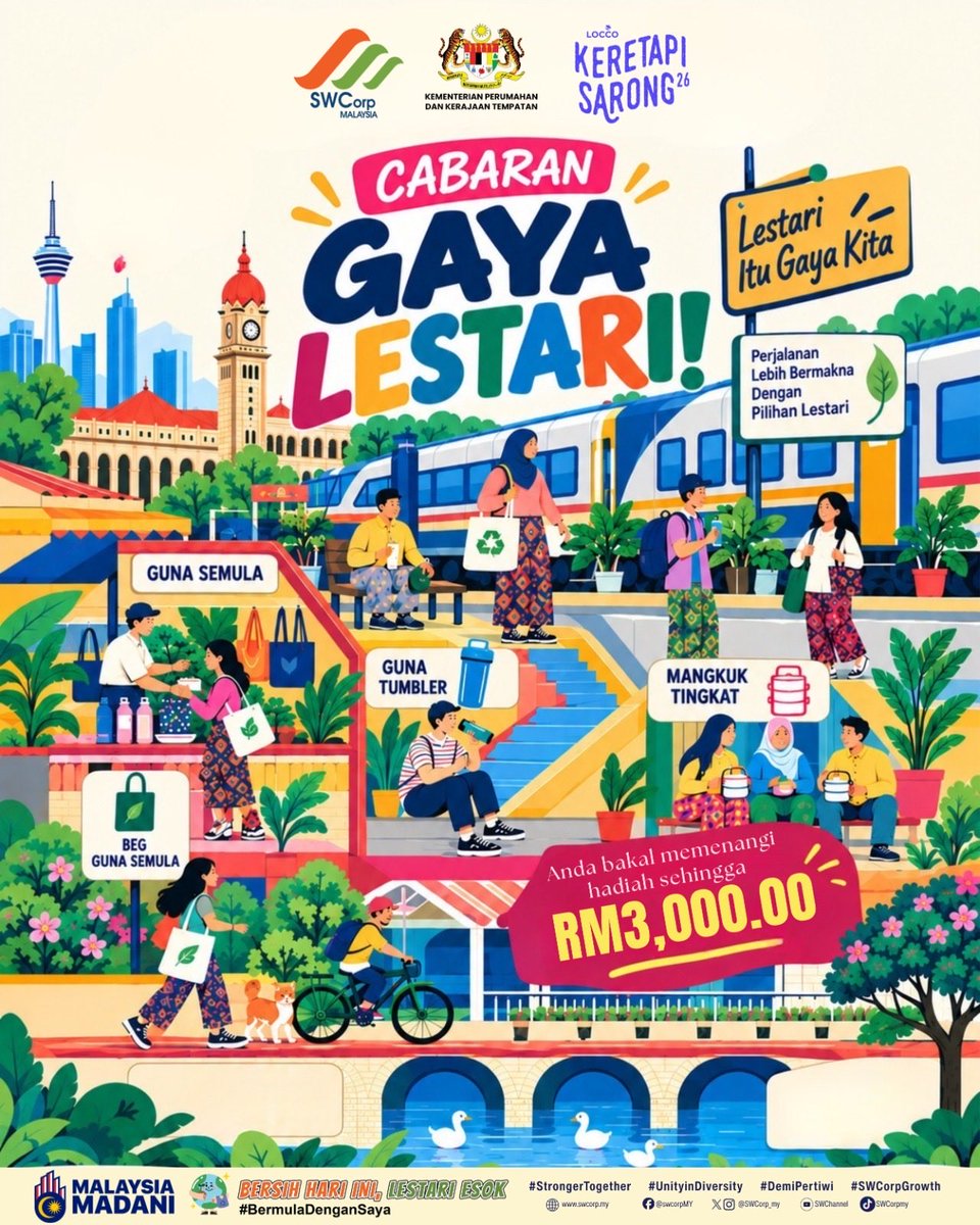 swcorp_my's tweet photo. 🚆✨ Cabaran Gaya Lestari – Keretapi Sarong 2026 ✨🚆

Bawa gaya lestari anda. Biar kami yang cari! 👀🌱

Sempena Keretapi Sarong 2026, SWCorp akan turun padang mencari individu yang mengamalkan gaya hidup lestari sepanjang perjalanan. ♻️ https://t.co/8S2S1zheKa