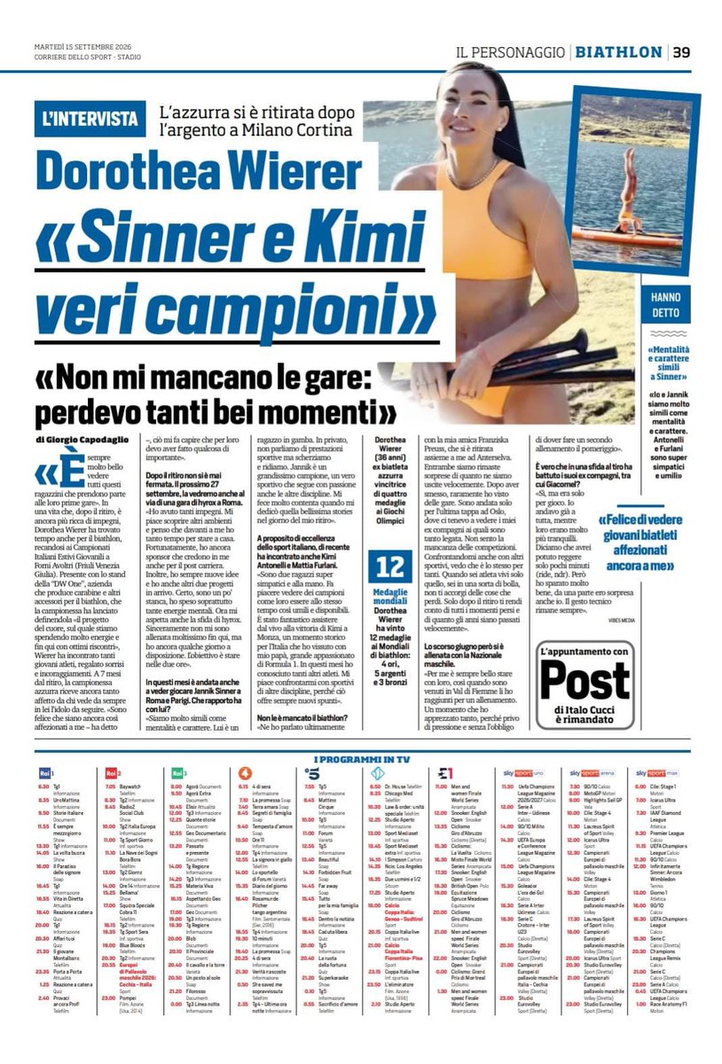 RedGiorgio81's tweet photo. My complete interview with Dorothea Wierer for Corriere dello Sport. She talks about her meetings with Sinner and Kimi Antonelli. She says she doesn’t miss competing, but she still loves training with Tommy and the other guys. #biathlon #biathlonfamily #wierer https://t.co/HXe4Zf02N4