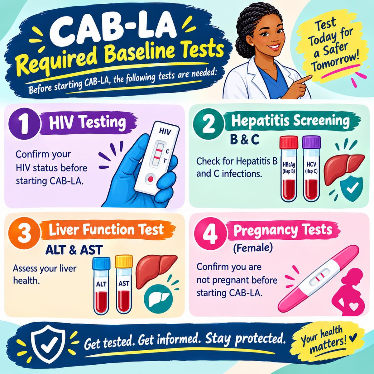 SASCP_LSMOH's tweet photo. CAB-LA: Know Your Baseline Tests 💉

Are you intrested in CAB-LA?

Before starting CAB-LA (long-acting injectable PrEP), a few baseline tests are required to keep you safe and ensure the medication is right for you:

1 HIV Testing – Confirms your HIV status before starting
2️⃣ Hepatitis B & C Screening – Checks for HBsAg and HCV infections
3️⃣ Liver Function Test (ALT & AST) – Assesses your liver health
4️⃣ Pregnancy Test (for women) – Confirms you’re not pregnant before starting

These simple checks help your healthcare provider ensure CAB-LA is safe and effective for you.

✅ Get tested. Get informed. Stay protected.
💛 Your health matters!

Drop your questions below our team is here to answer them 👇