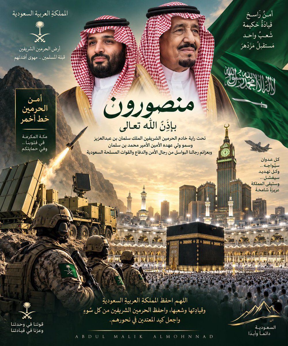 abdulmaliksaif1's tweet photo. منصورون بإذن الله تعالى، تحت راية خادم الحرمين الشريفين الملك سلمان بن عبدالعزيز، وسمو ولي عهده الأمين الأمير محمد بن سلمان، وبعزائم رجالنا البواسل من رجال الأمن والدفاع والقوات المسلحة السعودية.

لقد أثبتت المملكة أن أمن الحرمين الشريفين حصنٌ منيع، وأن سماءها ليست مستباحةً لأهل الغدر والعدوان. فكلما حاول الحاقدون النيل من أطهر البقاع، ارتدّ كيدهم خائبًا، وانكشفت هشاشة أحلامهم أمام يقظة الأبطال وصلابة الموقف السعودي.

فليعلم الأعداء والحاسدون أن السعودية عصيّةٌ على الانكسار، وأن أمن مكة المكرمة خطٌّ أحمر، وأن راية التوحيد لا تنحني أمام تهديد، ولا تخضع لابتزاز.

اللهم احفظ قيادتنا الرشيدة، وانصر رجالنا البواسل، وسدّد رميهم، وثبّت أقدامهم، واجعل كيد المعتدين في نحورهم، وأدم على المملكة أمنها وعزّها وهيبتها.

السعودية منصورةٌ بإذن الله، شامخةٌ بعزّها، محفوظةٌ بعناية ربها، وسيبقى الحرم آمنًا، وستبقى راية المملكة خفّاقةً فوق هام السحب. 🇸🇦⚔️🤲🏻
ABDUL MALIK ALMOHNNAD