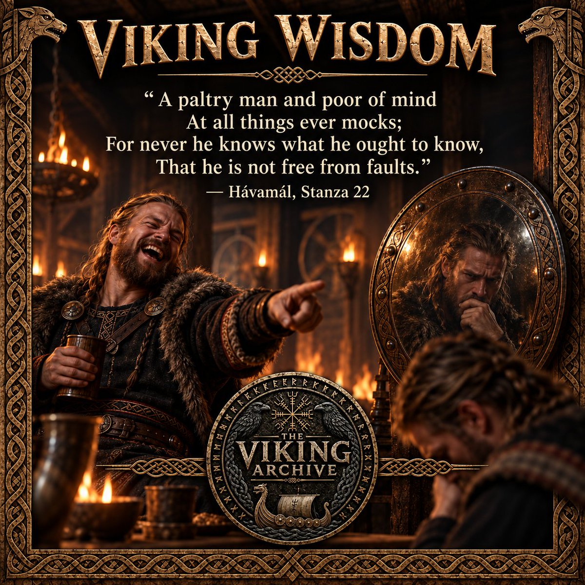 VikingArchive's tweet photo. VIKING WISDOM

“A paltry man and poor of mind
At all things ever mocks;
For never he knows what he ought to know,
That he is not free from faults.”

— Hávamál, Stanza 22
Henry Adams Bellows translation

The Hávamál warns against constantly ridiculing other people while remaining blind to our own weaknesses.

We naturally notice the mistakes, habits and imperfections of those around us. Recognizing these faults can sometimes help us make better judgments or avoid repeating the same mistakes.

The problem begins when understanding turns into mockery.

A person who laughs at everyone else may feel superior, but their ridicule can conceal an unwillingness to examine their own character. By concentrating entirely on the shortcomings of others, they avoid confronting the weaknesses within themselves.

The stanza does not ask us to ignore bad behavior or pretend that every action is acceptable. Instead, it reminds us to apply the same honesty to ourselves that we apply to other people.

Wisdom is not blindness to another person’s faults. It is recognizing them without forgetting that we also have faults of our own.

When you notice someone else’s weakness, can you examine it without losing sight of your own?