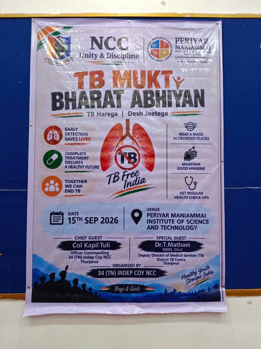 Rockfortgp_NCC's tweet photo. 🇮🇳 TB Mukt Bharat Abhiyan
34 (TN) Indep Coy NCC organised a TB awareness programme at PMIST, Vallam. Dr T. Mathavi, District TB Officer, sensitised 90 cadets on early detection, complete treatment, hygiene &amp; community outreach. Cadets also took the TB Mukt Bharat pledge. 🇮🇳 https://t.co/xB7xVKm4Nl