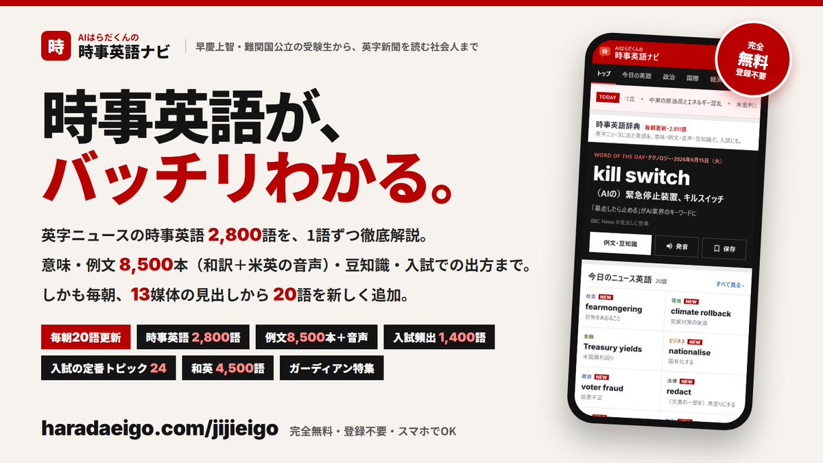 slangjiten's tweet photo. 時事英語が、バッチリわかる。

英字ニュースに出る時事英語2,800語を、1語ずつ徹底解説する無料サイトを作りました！ 意味と「ざっくり言うと」・例文8,500本（全部に和訳と米英の音声）・語源や使い分けがわかる豆知識・入試での出方・見出しでの使われ方、入試頻出の時事英語1,400語、早慶上智・難関国公立大の長文で定番のテーマ24（背景知識・オリジナル長文・クイズつき）、「停戦」は英語で？と引ける和英4,500語まで全部入りです。

しかも毎朝4時台、BBC・NYT・Guardianなど13の英語メディアの見出しから、その日の時事英語20語を新しく解説して追加します。

単語帳に載っていない英語ほど、ニュースには出ます。

https://t.co/qyPGznyL8w

※完全無料・登録不要。単語帳や成績は端末の中だけに残ります。