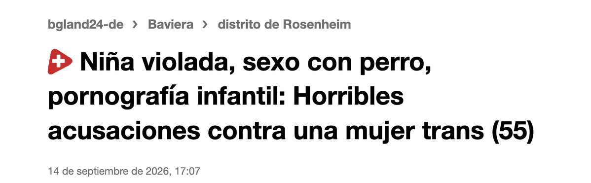 ContraBorrado's tweet photo. «Una agente de policía está siendo juzgada por violación a una niña de 14 años, zoofilia y posesión de cientos de archivos con escenas brutales de violencia contra menores, algunos de alrededor de tres años». 

Esto dice la prensa alemana. Lo que no dice la prensa alemana es que se trata de un hombre [un trans].
No son nuestros crímenes, no queremos esos crímenes horrendos en nuestras estadísticas.