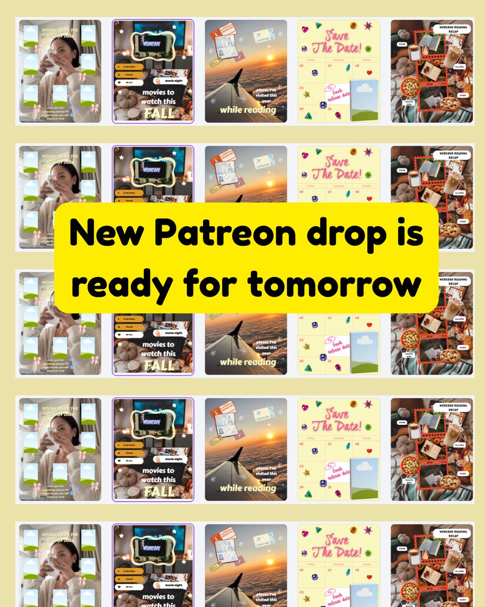 KaleighWacnek's tweet photo. A peek at this week’s Bookstagram templates. Unexpected health issues kept me less active than planned, but life happens. I’m back with new Patreon templates: fall movie watchlists, reading recaps, upcoming releases, travel reading memories and https://t.co/q0N5rjPItv