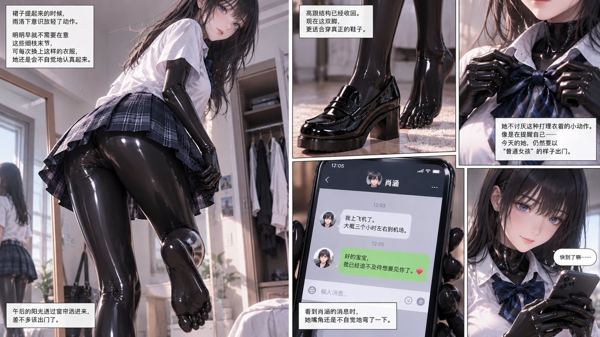 yuluo67137673's tweet photo. 《乳胶生物也要谈恋爱》#2-1/6 #AI #latex #rubber #transformation #女装子 #Gootf
完整版在Pixiv哦：https://t.co/nu10f0a4V8
第二天一早，在家做瑜伽以适应新身体。然后按照约定，出门去见今天的猎物和出差回来的另一半。 https://t.co/IwEgXQtuvk