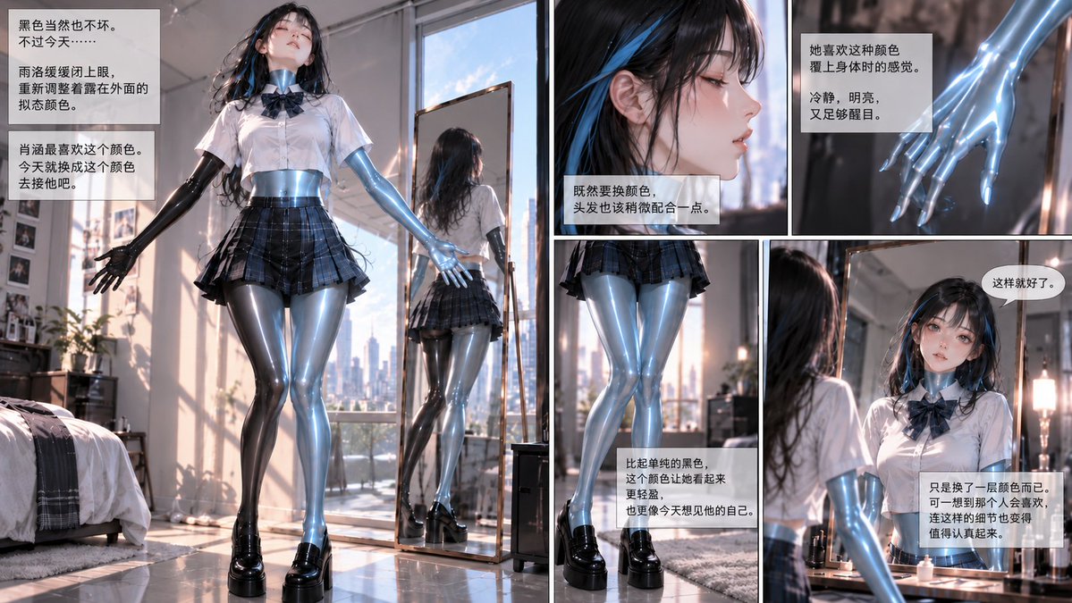 yuluo67137673's tweet photo. 《乳胶生物也要谈恋爱》#2-1/6 #AI #latex #rubber #transformation #女装子 #Gootf
完整版在Pixiv哦：https://t.co/nu10f0a4V8
第二天一早，在家做瑜伽以适应新身体。然后按照约定，出门去见今天的猎物和出差回来的另一半。 https://t.co/IwEgXQtuvk