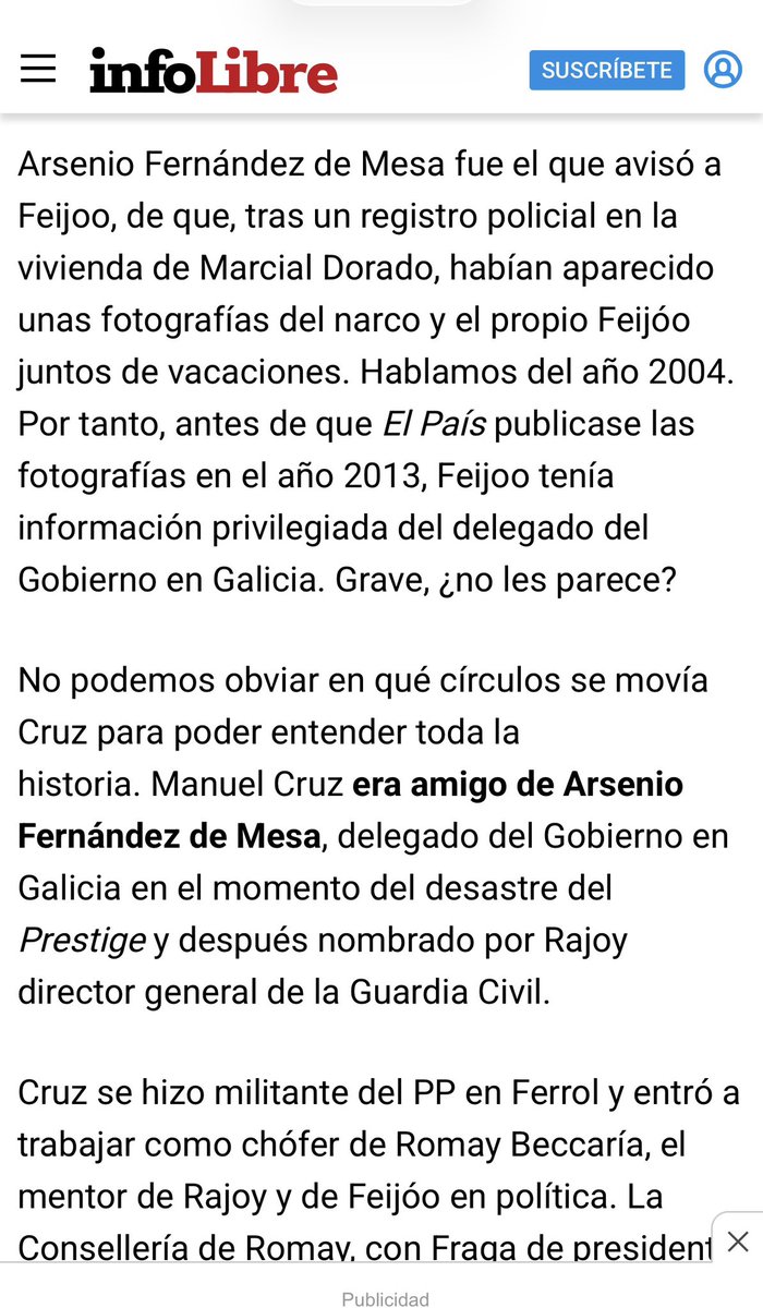 crispmarcote's tweet photo. Feijóo sabía quién era Dorado. No hacía falta que saliese en la tele ni en Google. 

Era hijo “no reconocido” de Terito, el gran amigo y valedor de Fraga. Siempre le ayudaron desde la Xunta. Desde un conselleiro del PP que le vendió un astillero para construir narcolanchas hasta cargos del PP que vendían empresas inactivas al testaferro, Manolo Cruz, quien presentó a Feijóo y Marcial Dorado. Era a su vez, chófer de Romay Beccaria, mentor de Feijóo. 

Obtuvo contratos desde 1990 para aparentar legalidad y eran para blanquear el dinero procedente del narcotráfico. 

Uno de esos vendedores/tramitadores era Juan Juncal, exalcalde de Ferrol y jefe de Miguel Tellado. 

Aquí tenéis varios artículos que escribí sobre ello 👇🏽

1- https://t.co/olzla6uOwg

2- https://t.co/HYtOIdmDmw

3- https://t.co/e3evOz94SS

4-https://t.co/FDLU0w4DhF

5- https://t.co/BYt5q2mkoi