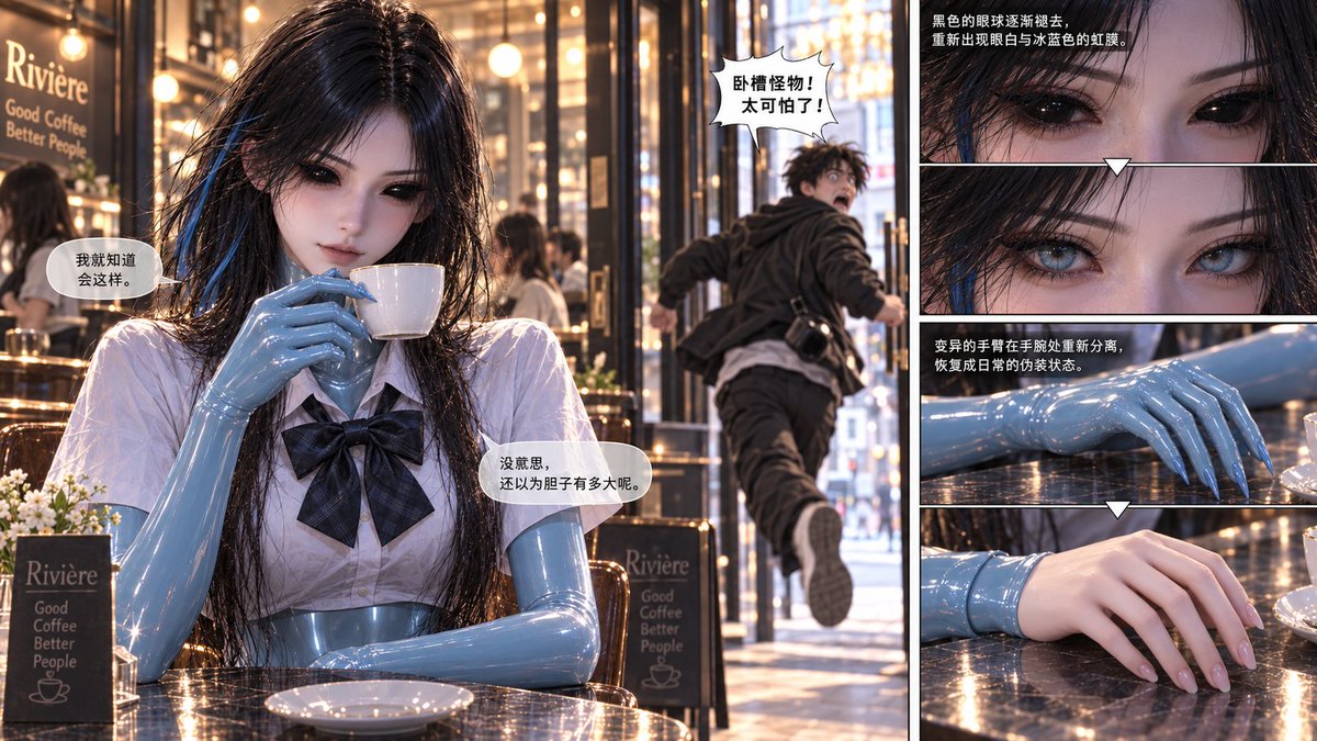 yuluo67137673's tweet photo. 《乳胶生物也要谈恋爱》#2-4/6 #AI #latex #rubber #transformation #女装子 #Gootf
完整版在Pixiv哦：https://t.co/nu10f0a4V8

罢了~富家公子爷的名贵咖啡可不能浪费，喝完就去接另一半吧~ https://t.co/3mj1VsgoUR