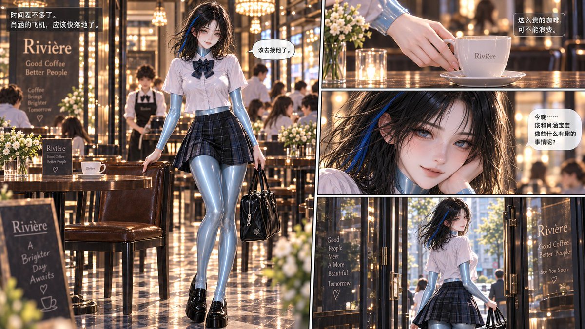 yuluo67137673's tweet photo. 《乳胶生物也要谈恋爱》#2-4/6 #AI #latex #rubber #transformation #女装子 #Gootf
完整版在Pixiv哦：https://t.co/nu10f0a4V8

罢了~富家公子爷的名贵咖啡可不能浪费，喝完就去接另一半吧~ https://t.co/3mj1VsgoUR