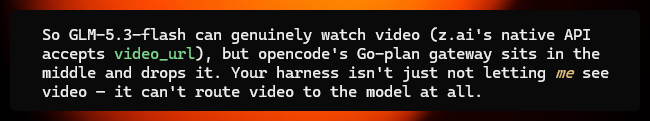 alx8g's tweet photo. @opencode  why make a model that can watch videos... not have the ability to.. https://t.co/8h8m6CHszT