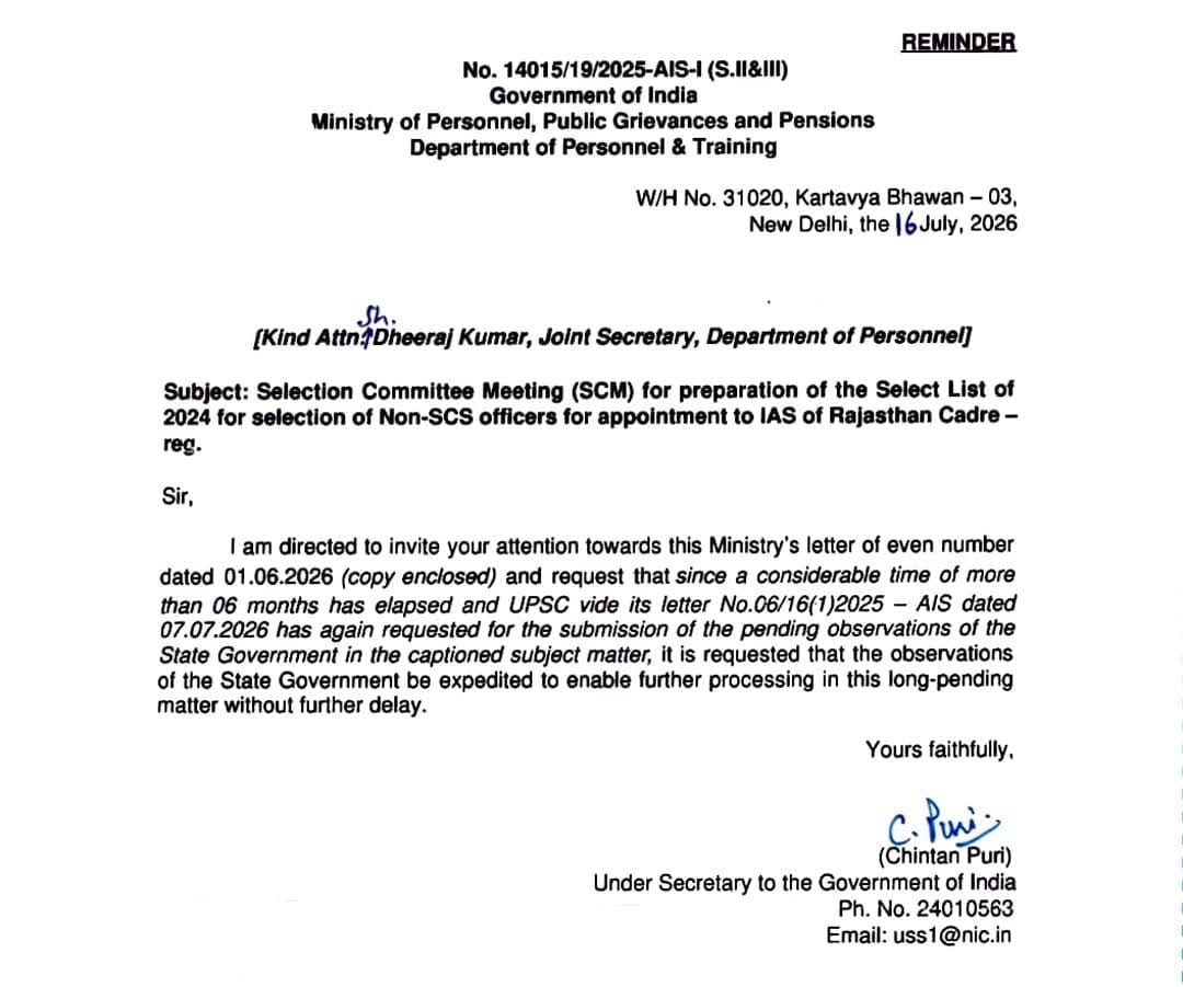 AshutoshRanka's tweet photo. Is the Govt of Rajasthan blatantly undermining the authority of the UPSC?

Are honest officers not being promoted to IAS to favour a senior BJP politician?

I have been informed of a serious case pertaining to the unexplained delay in finalising the promotion list of Other service cadres (Non-SCS) to IAS for Rajasthan, something which should be construed as a direct attack on the revered institution of the UPSC.

On Jan 10th, 2025, DoPT, Government of India, determined 4 vacancies under the Non-SCS category for promotion to IAS cadre, following which the Rajasthan Government invited applications from eligible officers. A three-member screening committee constituted by the Chief Secretary shortlisted 20 officers against the 4 vacancies, and their names were forwarded to UPSC. UPSC conducted the interviews on 22–23 December 2025 and, on 26 December 2025, forwarded the minutes along with the list of four selected candidates to the Government of Rajasthan. As per the prescribed process, the State Government was required to communicate its observations to UPSC, after which the matter could proceed for final notification.

Importantly, the State Government doesn’t seem to have the authority to substitute or alter the merit assessment undertaken through the prescribed UPSC selection process.

Yet, it seems that the matter has remained pending for months. On 17 February 2026, UPSC issued a reminder to the Rajasthan Government seeking its observations. When there was still no response, the Secretary, UPSC, addressed a D.O. letter to the Chief Secretary, Rajasthan, on 6 April 2026, drawing attention to the DoPT guidelines of 2001, which prescribe a 45-day period for communicating observations. Despite this, no observations were furnished. DoPT subsequently wrote to the State Government on 1 June 2026, requesting that the pending observations be submitted without further delay. With the matter still unresolved, UPSC issued another reminder on 7 July 2026, reiterating its earlier communications. On 16 July 2026, DoPT again wrote to Rajasthan, expressly noting that the matter had remained pending for an inordinately long period and once again requested the State Government to submit its observations.

What’s shocking is that several media outlets, including First India News had already revealed the list of the four selected candidates back in February 2026. So why is the list getting delayed?

Now the hidden reason is where it really gets murkier. I am being told that the relative of a senior BJP minister, who was in the list of 20 candidates, didn’t make it to the final four. And that said minister has been pressurising the government to not approve the list.
It won’t take a lot for the public to determine who the minister and who his relative is.

The delay becomes even more striking when compared with the Non-SCS Select List 2022. Rajasthan had 4 vacancies under the same category. UPSC conducted the interviews on 23–24 July 2025, and the final notification was issued on 18 August 2025, just 25 days after the interviews. The State Government had approved the UPSC minutes within approximately 3–4 days of receiving them. In contrast, interviews for Select List 2024 were held only five months later, on 22–23 December 2025, but the State Government has still not communicated its observations, despite repeated reminders from UPSC and DoPT and the prescribed 45-day timeline.

Here’s a straightforward question: Why has the Rajasthan Government failed to complete a process that was completed within days in the previous selection cycle and has already been completed for officers from several other states? 

When an independent constitutional body such as UPSC completes its role and repeatedly seeks the State Government’s observations, prolonged inaction deserves a clear public explanation. 

What, or I may ask, Who, is holding up the Rajasthan Non-SCS Select List 2024, and why has the prescribed process not been followed?

Should this not be taken as a serious case of Rajasthan Government outrightly undermining the authority of UPSC?

@BhajanlalBjp @svoruganti1466