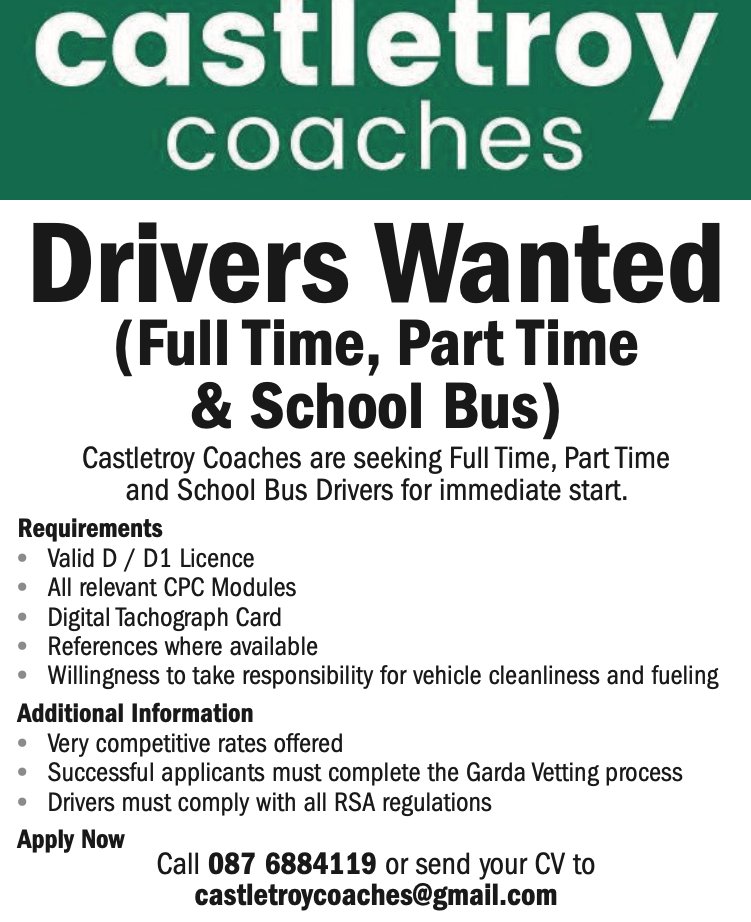 limerickpost's tweet photo. 💼 JOB OPPORTUNITY  🚌
Castletroy Coaches are seeking Full Time, Part Time and School Bus Drivers for immediate start. 
Apply now.
Call 087 6884119  or send CV to castletroycoaches@gmail.com
#ad #limerickjobs #joboftheday https://t.co/A09AqLTUfK