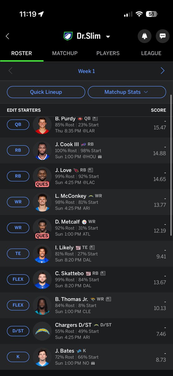 drslim27's tweet photo. @PPRFantasyTips Please help me improve: 14 man league https://t.co/U7HIR3cH8b