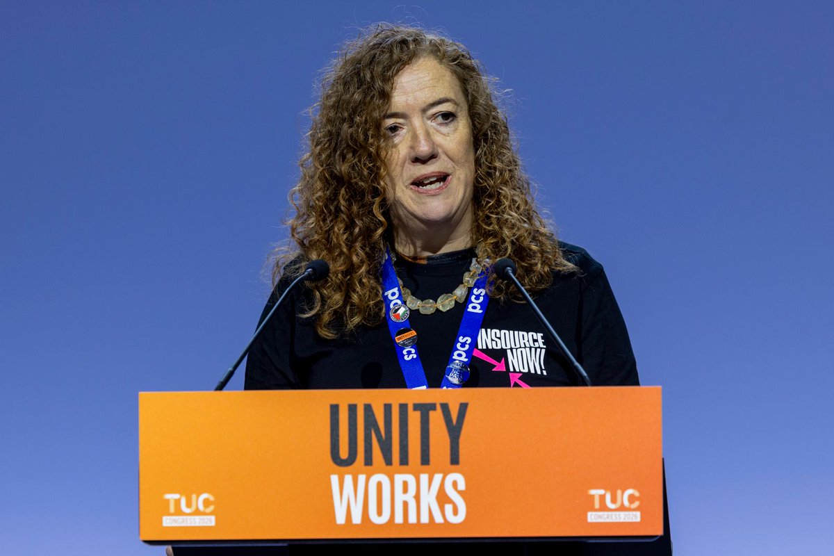 pcs_union's tweet photo. PCS general secretary Fran Heathcote seconding Composite 9 on insourcing at #TUC2026, highlighting the victory won by PCS members working as outsourced cleaners, security guards and caterers:

“They united together, went on strike for months, and they won… From 2028, those 2,000 workers will be insourced.”

A huge victory for PCS members and proof of what workers can achieve when they organise. Now let’s end outsourcing across the board.  #InsourceNow
#UnityWorks #PCS
