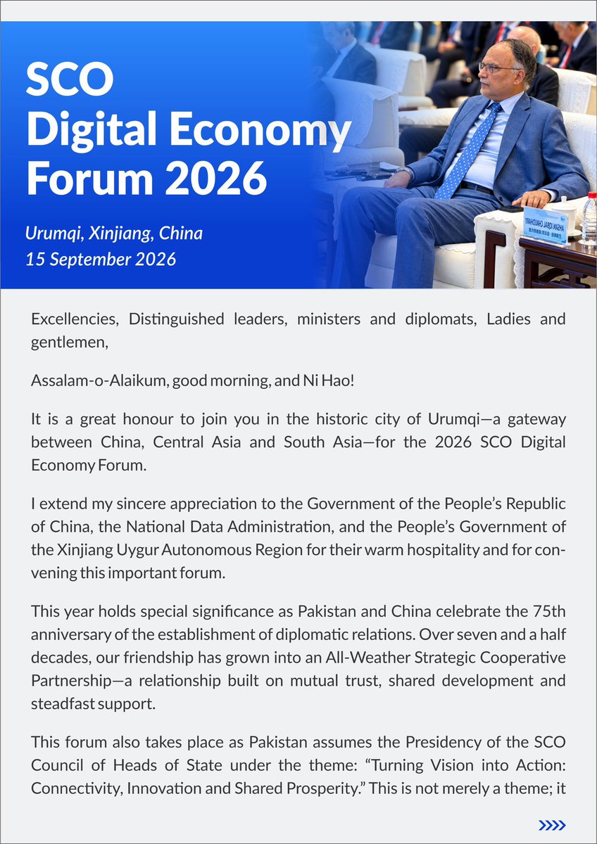 betterpakistan's tweet photo. My speech at the Opening Ceremony of SCO Digital Economy Forum held in Urumqi, China 
15th Sept, 2026

1/2 https://t.co/grMbpkhRVr