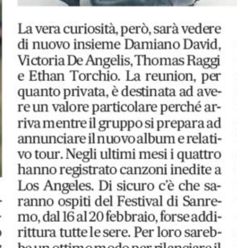 sali_roberto's tweet photo. Il Messaggero sui Måneskin!
Nel 2027 due concerti a Roma: Ciro Massimo o Stadio Olimpico
negli ultimi mesi i Måneskin hanno registrato nuova musica a Los Angeles: l’annuncio arriverà entro la fine dell’anno!
Al Festival di Sanremo i Måneskin potrebbero essere ospiti TUTTE le sere https://t.co/DNp0FeLYZJ