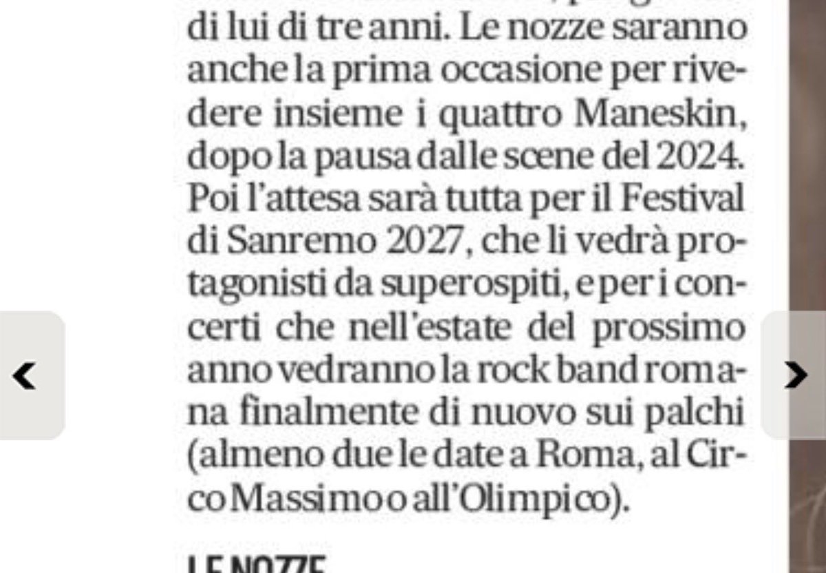 sali_roberto's tweet photo. Il Messaggero sui Måneskin!
Nel 2027 due concerti a Roma: Ciro Massimo o Stadio Olimpico
negli ultimi mesi i Måneskin hanno registrato nuova musica a Los Angeles: l’annuncio arriverà entro la fine dell’anno!
Al Festival di Sanremo i Måneskin potrebbero essere ospiti TUTTE le sere https://t.co/DNp0FeLYZJ