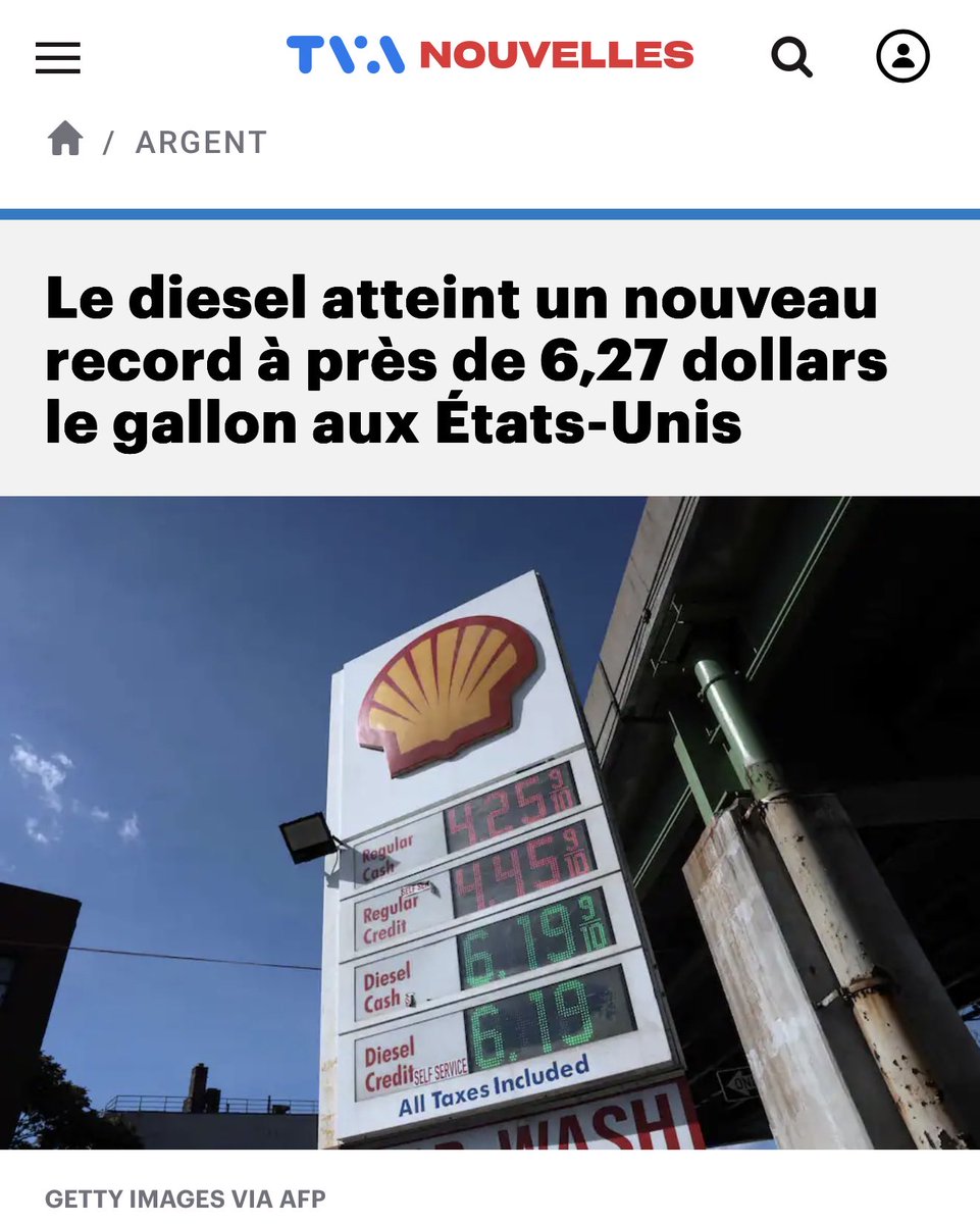 andrearthurciel's tweet photo. Ce matin, @tvanouvelles nous apprend que le prix du diesel vient d’atteindre $6.27 le gallon aux USA de Donald J. Trump.

TVA ne vous explique évidemment pas qu’un gallon US équivaut à 3,785 litres et qu’avec un prix de $2,95 le litre, le prix équivaut à $11,17 le galion au Canada.

Le DOUBLE!

Un oubli j’imagine.

*
