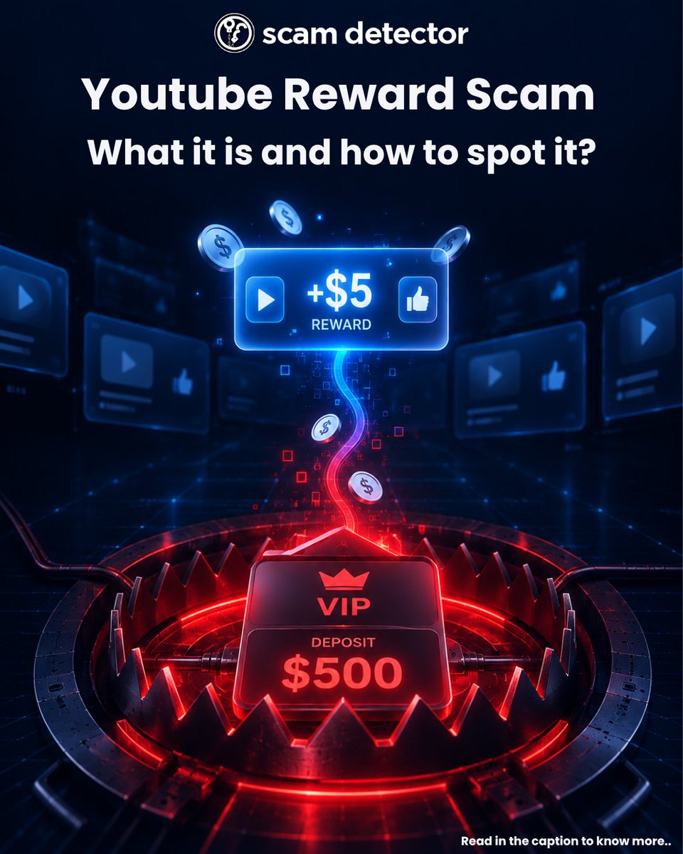 ScamDetector's tweet photo. 🚨 “Get paid to watch YouTube videos” can turn into a costly trap.

Be cautious if a reward program asks you to deposit money, buy VIP access, or pay to unlock your earnings!

👉 https://t.co/zW6DrzPtIv

#ScamAlert #FraudPrevention https://t.co/8OTGyLFSi7