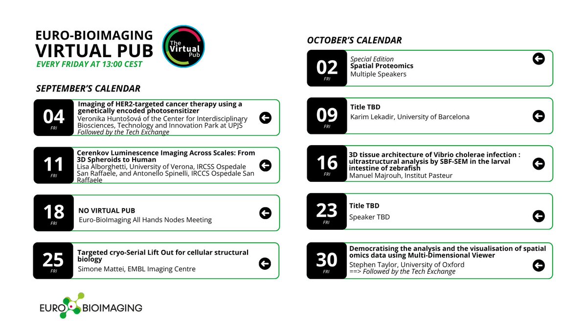 EuroBioImaging's tweet photo. We're at the Euro-BioImaging All Hands Nodes Meeting in Turku, Finland, this week, so the #VirtualPub will take a break this Friday. Please find our calendar of upcoming talks - see you again on September 25!
Learn more and register ⤵️
https://t.co/4bdXAA4Jko https://t.co/qvIhaNkAP5