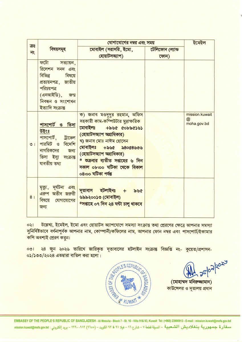 BDEmbKuwait's tweet photo. দূতাবাসের হটলাইন নম্বর সংক্রান্ত জরুরী বিজ্ঞপ্তি https://t.co/MBO47dgBdX