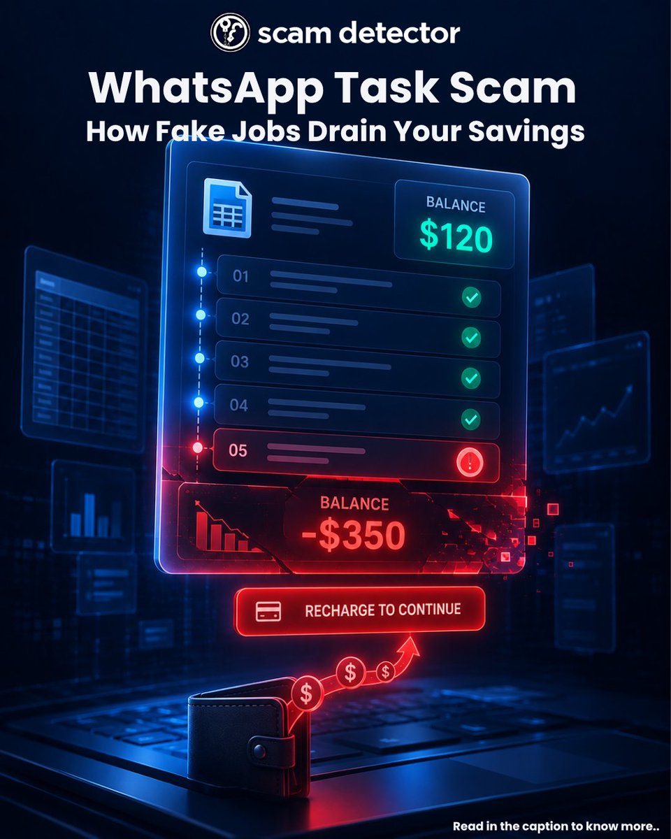 ScamDetector's tweet photo. 🚨 A “job” that asks you to deposit money to keep working isn't a normal job.

WhatsApp task scams may start with simple work and small rewards before demanding increasingly larger “recharges” to continue or withdraw earnings.

👉 https://t.co/AvKrM97wR9

#ScamAlert #JobScams https://t.co/nZjjnhQUEn