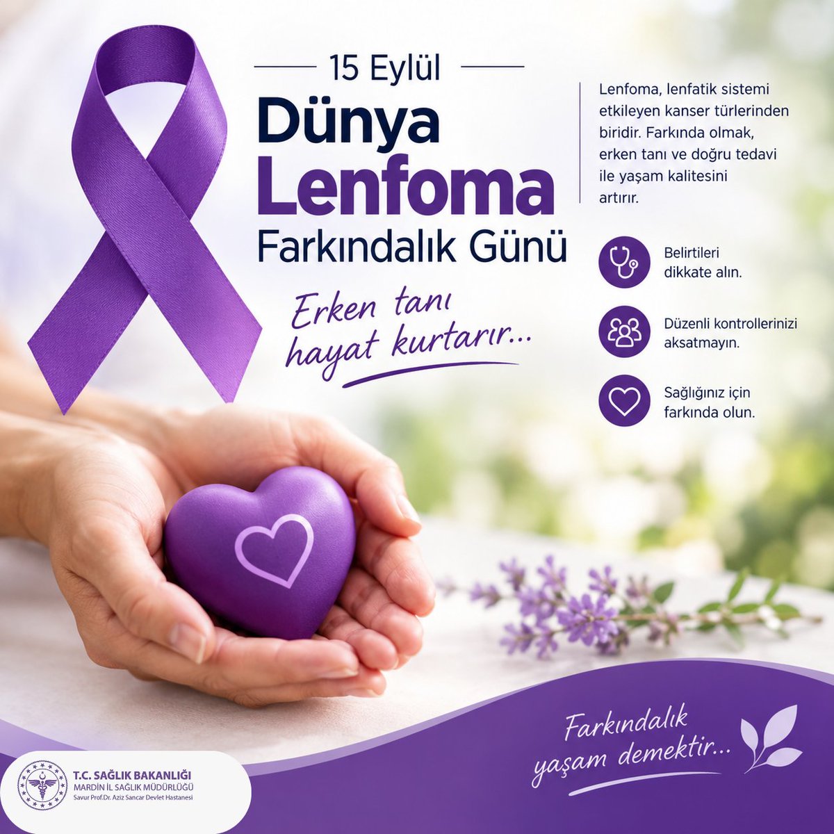 Savurdh's tweet photo. Erken tanı lenfoma tedavisinde en büyük güçtür. 15 Eylül Dünya Lenfoma Farkındalık Günü'nde bedeninizin verdiği sinyallere kulak verin, kontrollerinizi aksatmayın!
@mardinilsaglik 
@sbkhgm https://t.co/V0uHrAr3ou