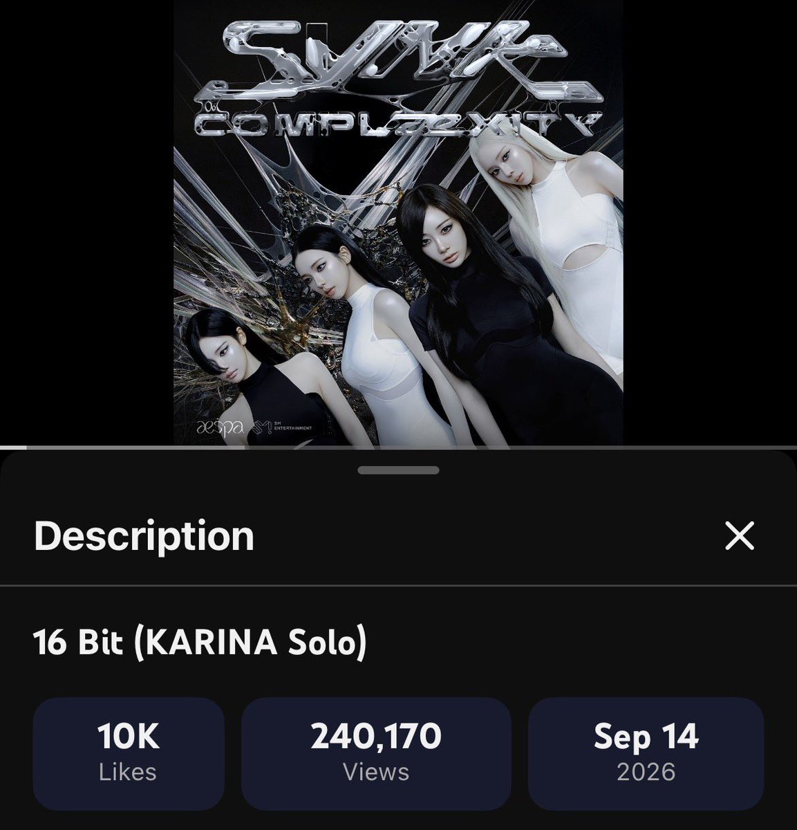 karinachartss's tweet photo. ‘16 Bit’ by KARINA has surpassed 10K likes on YouTube. 

— First and only track from SYNK: COMPLæXITY to do. https://t.co/bHvhVASKaT