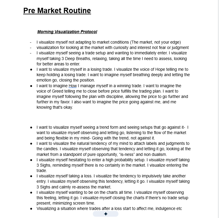 Atalburhani's tweet photo. I spent four years revenge trading, blowing accounts, and repeating the same week over and over.

Until I tried something that would make me a completely different trader months down the line.

I stopped trying.

Stopped trying to pass eval after eval.

Stopped trying to end the day green.

Stopped trying to be a profitable trader.

For all intents and purposes, I’d given up on this trading thing.

But I hadn’t.

I realized discipline and willpower can get you a working strategy.

But consistent profitability requires something completely different:

Knowing your patterns like the back of your hand, and having the tools to act differently when they show up.

So I started doing everything I wished I didn’t have to do.

Every week, I wrote down EXACTLY what I did wrong and somehow felt like an even bigger idiot than before.

I dug up the trades I pretended never happened, plotted them back on the charts, and retraced every micro-decision.

I stopped obsessing over my P&L and started tracking my emotional states:

9:10 — heart racing.
9:30 — wanted to end the day green.
12:00 — needed to make my losses back.

At first, it felt like the biggest waste of time and the biggest mistake I’d made in my trading career.

While I was scrolling past payout after payout, I was sitting there keeping an emotional journal and reviewing trades that happened two years ago.

It was probably the hardest six months of my trading career.

You’d think this was the turning point.

I did the work I was supposed to do.

And still...

Nothing.

So I changed course.

I built visualizations around every mistake I kept repeating.

But I didn’t visualize myself effortlessly following my plan.

I didn’t visualize myself breathing through my emotions like some perfectly disciplined trader.

I imagined the worst possible scenarios.

And made them ten times worse.

I took a screenshot of a day where I took 11 trades when my edge offered maybe one a week, and forced myself to look at it every morning.

I went back through every stupid, emotional, impulsive trade I could find.

I replotted them.

Screenshotted them.

And looked at dozens of them every morning to etch into my mind the decisions I never wanted to make again.

Then cracks started appearing in my losing-trader armor.

I revenge traded two trades instead of four after a loss.

It took me ten seconds longer to enter an impulsive trade.

I felt the urge to force something and, once in a while, actually caught it.

Tiny things.

At the time, they meant nothing to me.

All I saw was my peers getting ahead while I was doing work that didn’t even feel like real work.

Then, about three months later, it hit me:

I didn’t revenge trade this week.

I didn’t rush my entry.

I didn’t take a trade because I was bored.

The things I’d spent years trying to force myself to stop doing...

I just wasn’t doing anymore.

I changed my psychology.

Not by wanting trading success more.

Not by visualizing payouts.

Not by getting more motivated.

But by facing the mistakes that made me feel stupid.

By letting go of the need to win this week.

And by confronting the side of myself I’d spent years hoping would just disappear on its own.

I’ve attached the exact document I used below.

The visualizations.

The mistakes.

The screenshots.

All of it.

But don’t get it twisted.

Don’t copy my demons.

Find yours.

Every trader has specific trades, days, and moments they secretly wish profitability would erase.

The account they blew.

The revenge trade they knew they shouldn’t take.

The day price broke them and they completely lost control.

Don’t erase it.

It happened.

You did it.

Price broke you.

But that doesn’t mean you can’t get back up.

Stop running from the decisions that haunt you.

Study them.

Because they might contain the exact information you need to finally stop making them.