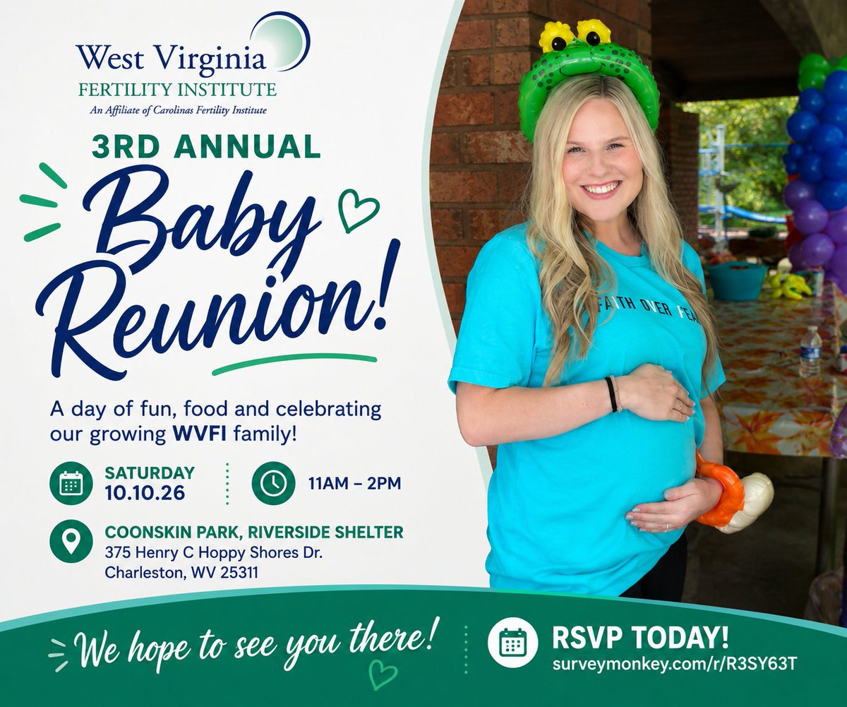 FertilityWV's tweet photo. The WVFI Baby Reunion is back! 
Join us for an afternoon filled with family, fun, games, and food.

Saturday, October 10, 2026
11:00 AM–2:00 PM
Coonskin Park – Riverside Shelter
375 Henry C Hoppy Shores Dr., Charleston, WV 25311

Please RSVP:
https://t.co/VcBE93Pakz https://t.co/o5rA5KqROE