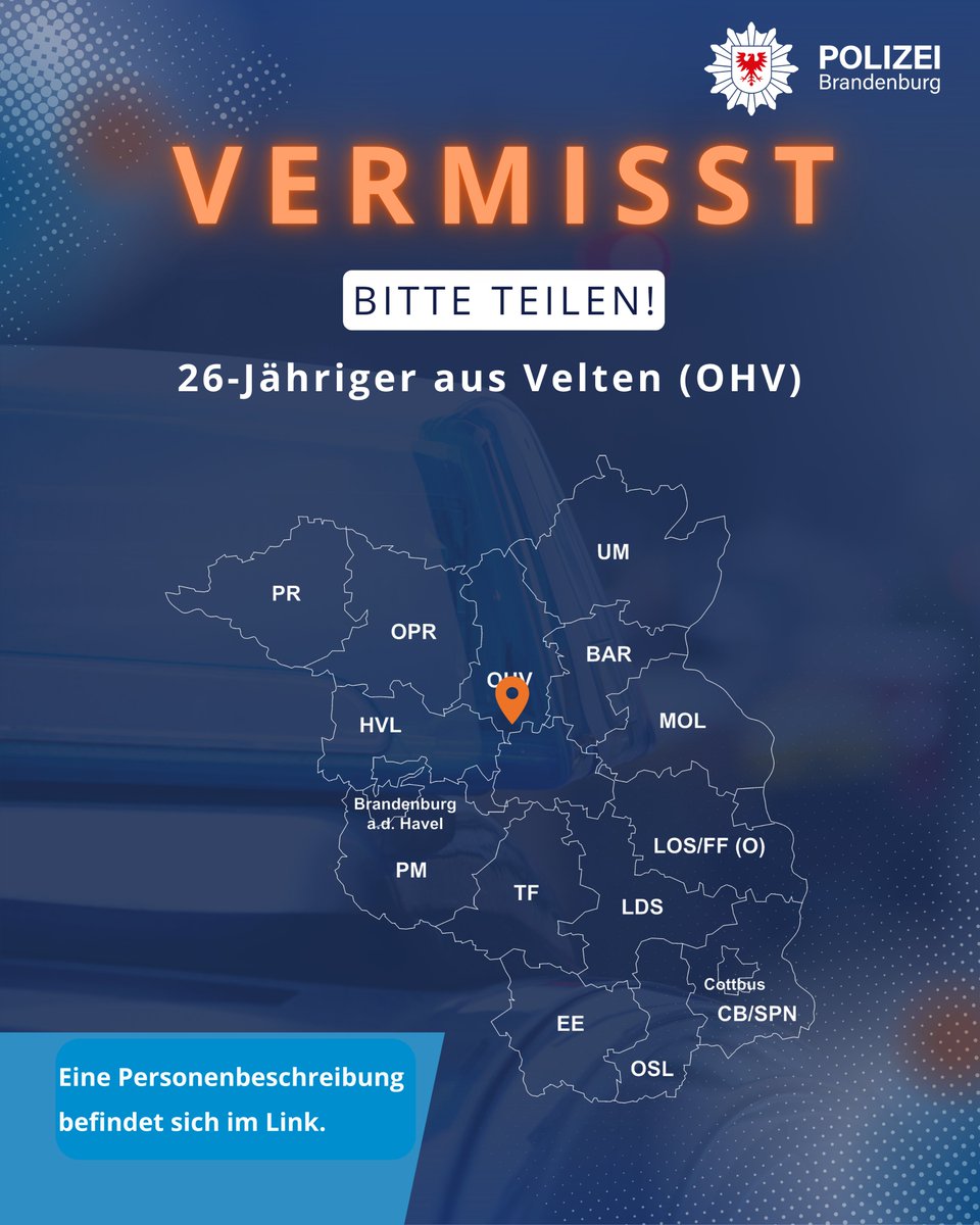 PolizeiBB's tweet photo. #Fahndung
Wir bitten um Unterstützung!
Seit dem 08.09.26 wird ein 26-Jähriger aus Velten (OHV) #vermisst.

Hinweise an ☎️ 03301-851-0

Bild &amp; weitere Infos: https://t.co/rhRak3BKKe

Teilen Sie keine Hinweise über soziale Medien. https://t.co/h0EvAwAikR