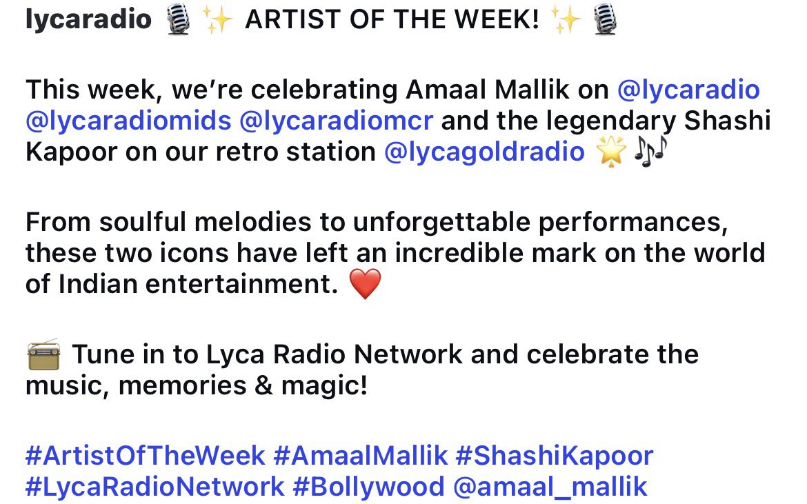 SheerniMallik's tweet photo. Ruling the airwaves!

So incredibly proud to see #AmaalMallik featured alongside the legendary #ShashiKapoor as @LycaRadio1458 's ARTIST OF THE WEEK✨..this recognition is so well deserved &amp; our hearts are completely full.

Tune in &amp; keep supporting
#AmaalMallik #ArtistOfTheWeek https://t.co/UseIMpOf6N