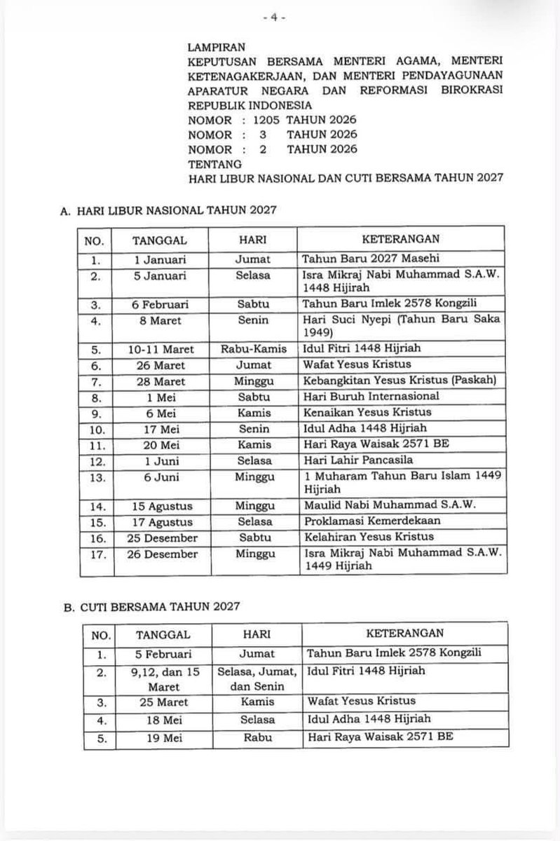 kresbung's tweet photo. Pemerintah resmi menetapkan hari Kamis sebelum Jumat Agung (Kamis Putih) sebagai bagian dari cuti bersama tahun depan! 

Hal ini menjadi yang pertama setelah puluhan tahun lamanya. https://t.co/WWdSNZRxq7