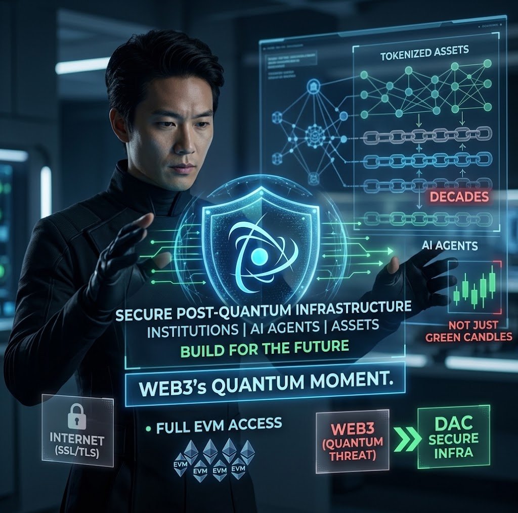 dillahLay's tweet photo. Every tech revolution needs a security upgrade.

Internet got SSL/TLS. Web3 has its Quantum moment.

@dac_chain builds post-quantum L1 infra to protect institutions,AI agents &amp; tokenized assets for decades all with full EVM access.

Build for the future,not just green candles. https://t.co/j9nQbxhIBf