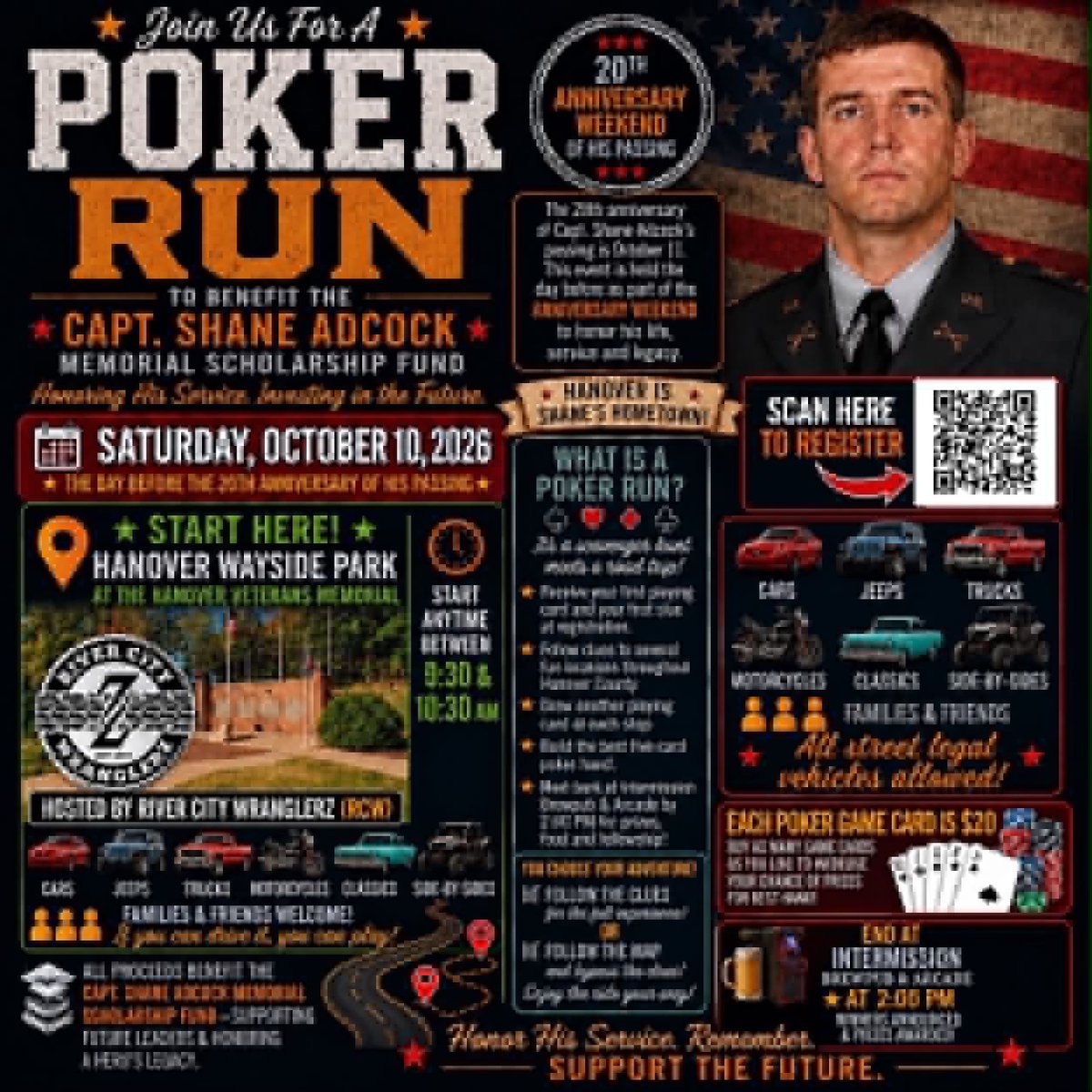 rich4america's tweet photo. A Gold Star family is raising money to establish the Capt. Shane Adcock Memorial Scholarship Fund.

They’re holding a Poker Run Oct. 10 at Hanover Wayside Park.

Please check out the flyer and help spread the word. https://t.co/nfiDJAhesa