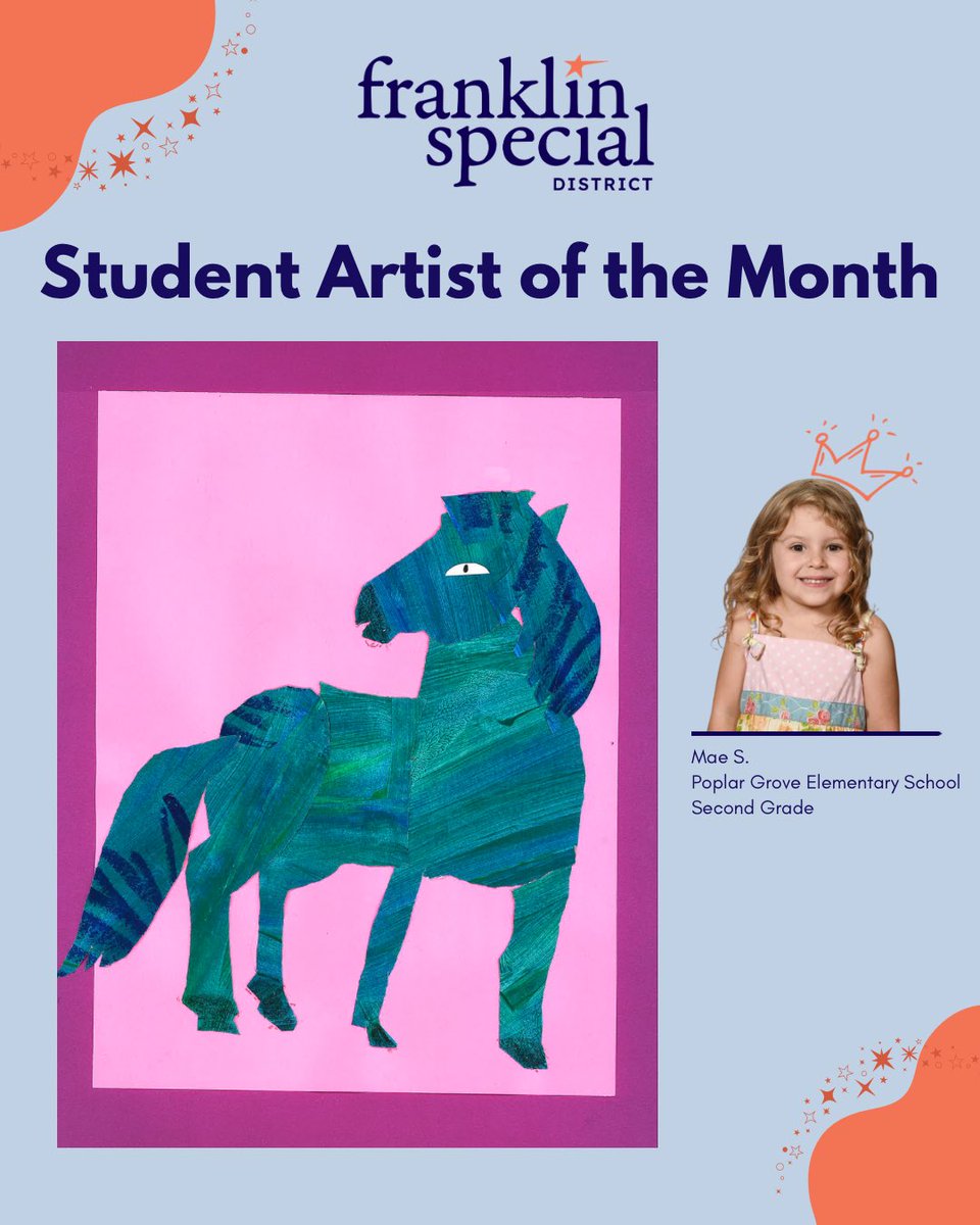 franklinspecial's tweet photo. During its meeting, the FSD School Board and Dr. Snowden recognized FSD Artist of the Month, Mae Safar, a 2nd-grade @fssdPGES student. Mae created a beautiful Eric Carle-inspired piece in Mrs. Hamby's class. This month, PGES student art is displayed in the Central Office gallery. https://t.co/fBuM0kLNOC