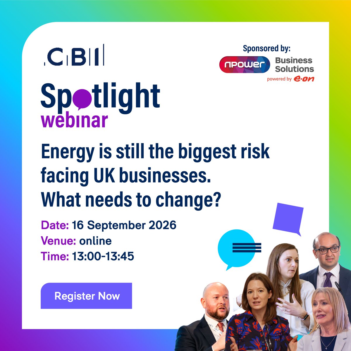 Promotional graphic for a CBI Spotlight webinar on 16 September 2026 about energy risks for UK businesses.