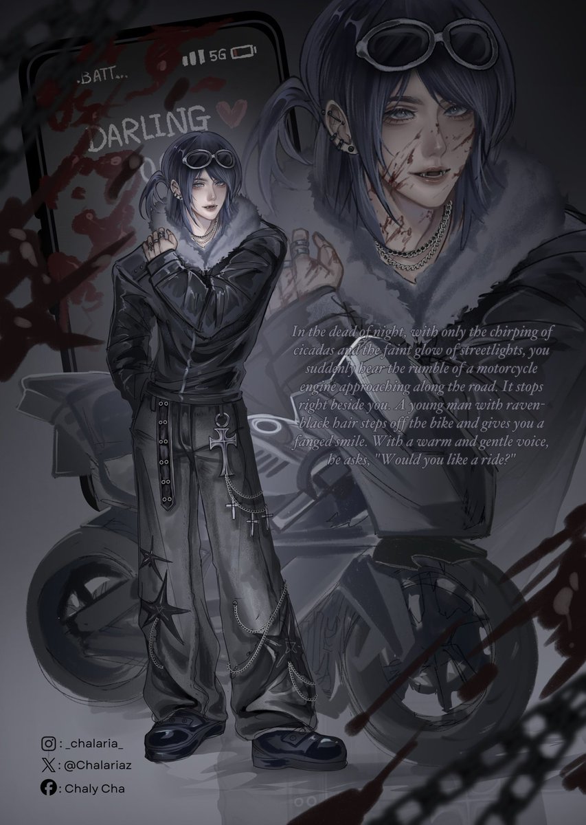 Chalariaz's tweet photo. Adoptable Night biker!🥀

SB ： 45 usd
AB : 100 usd 

Read more detail in my TH✨

#adoptable #adopts #characterdesignㅤ https://t.co/lPSMNU54Mf