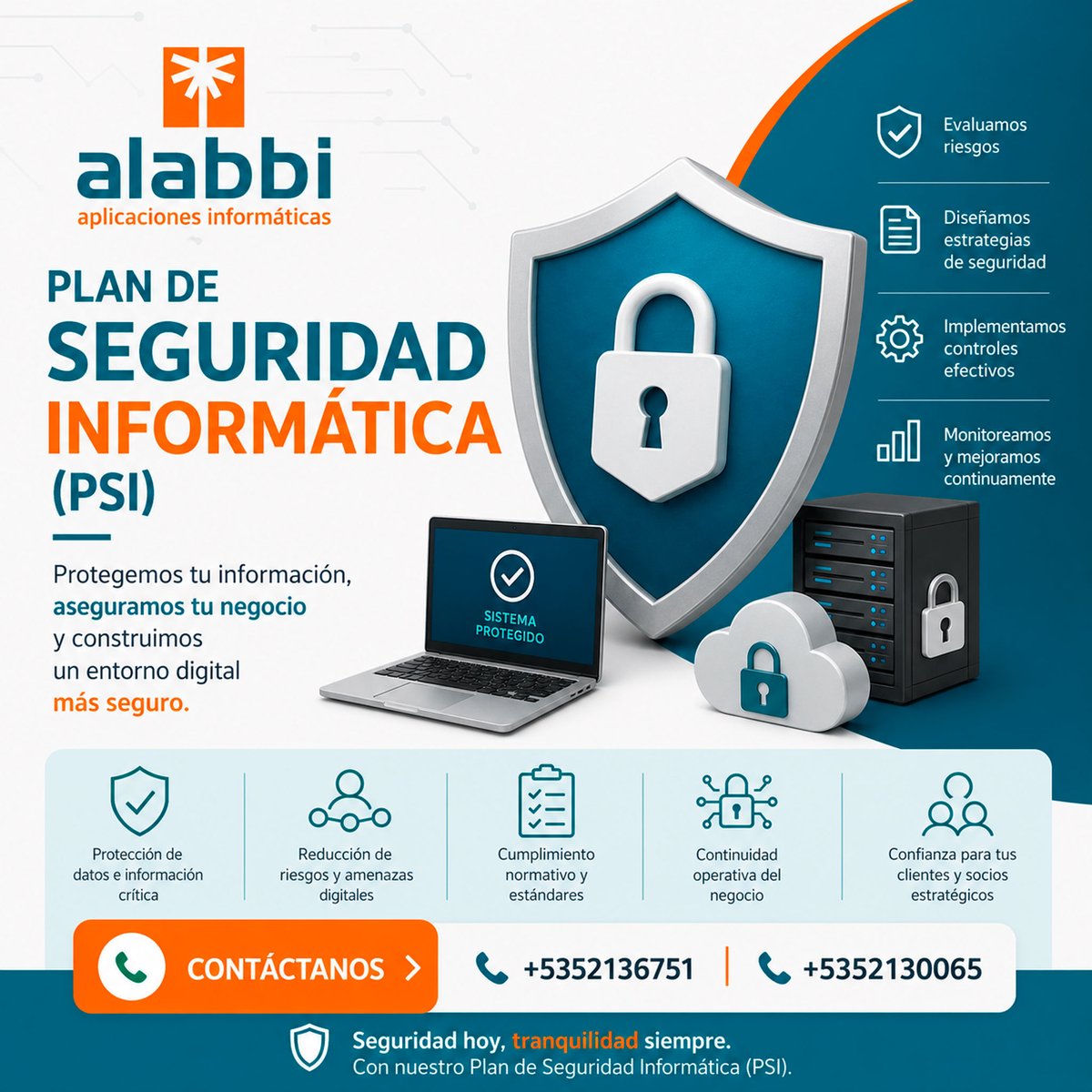 Alabbi_SURL's tweet photo. 🎯 𝗣𝗿𝗼𝘁𝗲𝗴𝗲 𝘁𝘂 𝗻𝗲𝗴𝗼𝗰𝗶𝗼 𝗰𝗼𝗻 𝗔𝗟𝗔𝗕𝗕𝗜 𝗦.𝗨.𝗥.𝗟.⁣
⁣Nuestro servicio de Asesoría en el Plan de Seguridad Informática (PSI) está diseñado para blindar tus activos digitales y garantizar la continuidad de tu negocio.⁣ https://t.co/6Pto992WYP