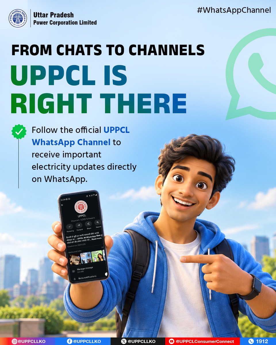 UPPCLLKO's tweet photo. You already use WhatsApp to stay connected. Now, stay connected with UPPCL too. Follow the official UPPCL WhatsApp Channel for timely electricity-related updates, alerts and useful information.
https://t.co/G83FP4NcdQ
#UPPCL #WhatsAppChannel #UPPCLUpdates #StayConnected
@CMOfficeUP
@EMofficeUP
@aksharmaBharat
@mduppcl